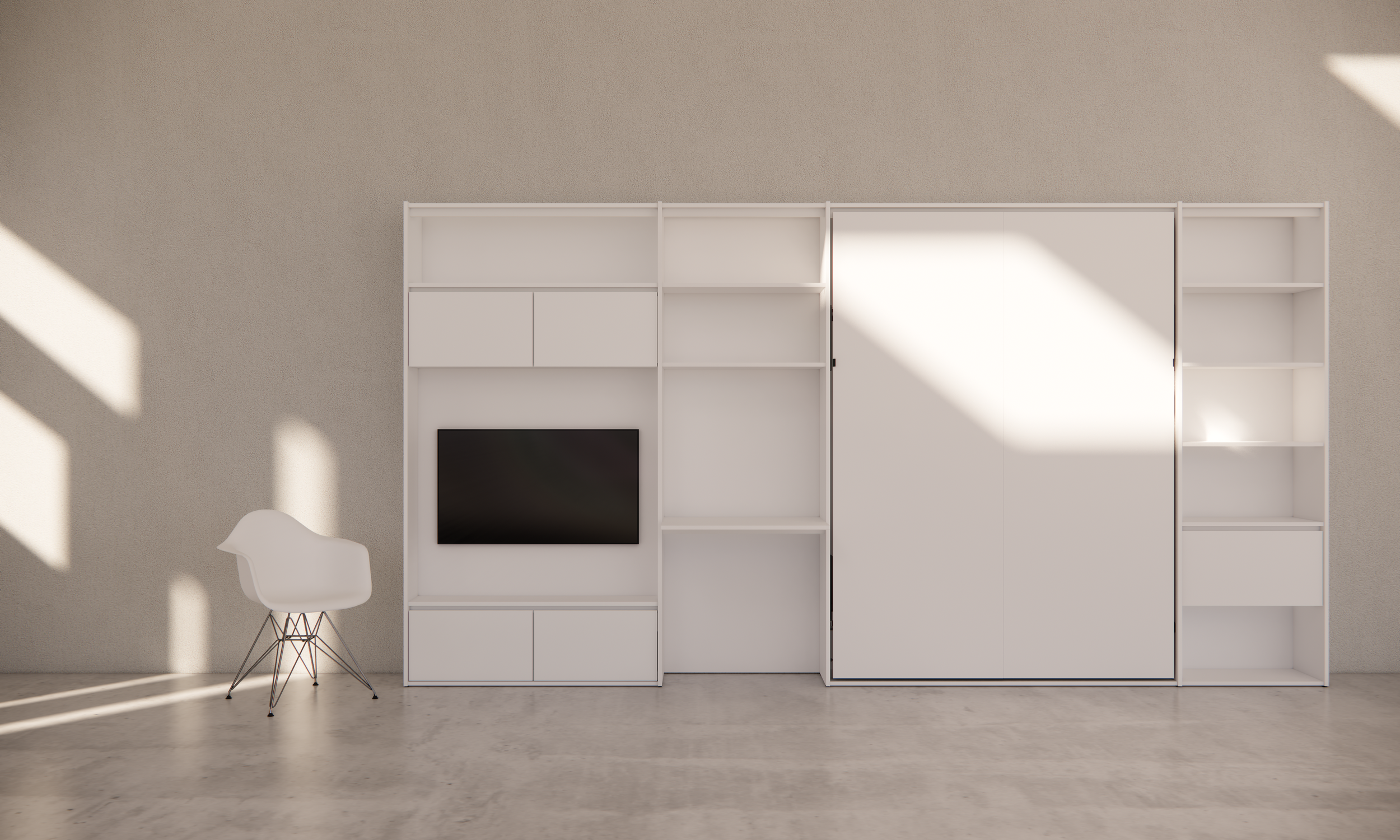 Modern living room with white shelving unit and TV, light gray wall, white chair, and natural sunlight.