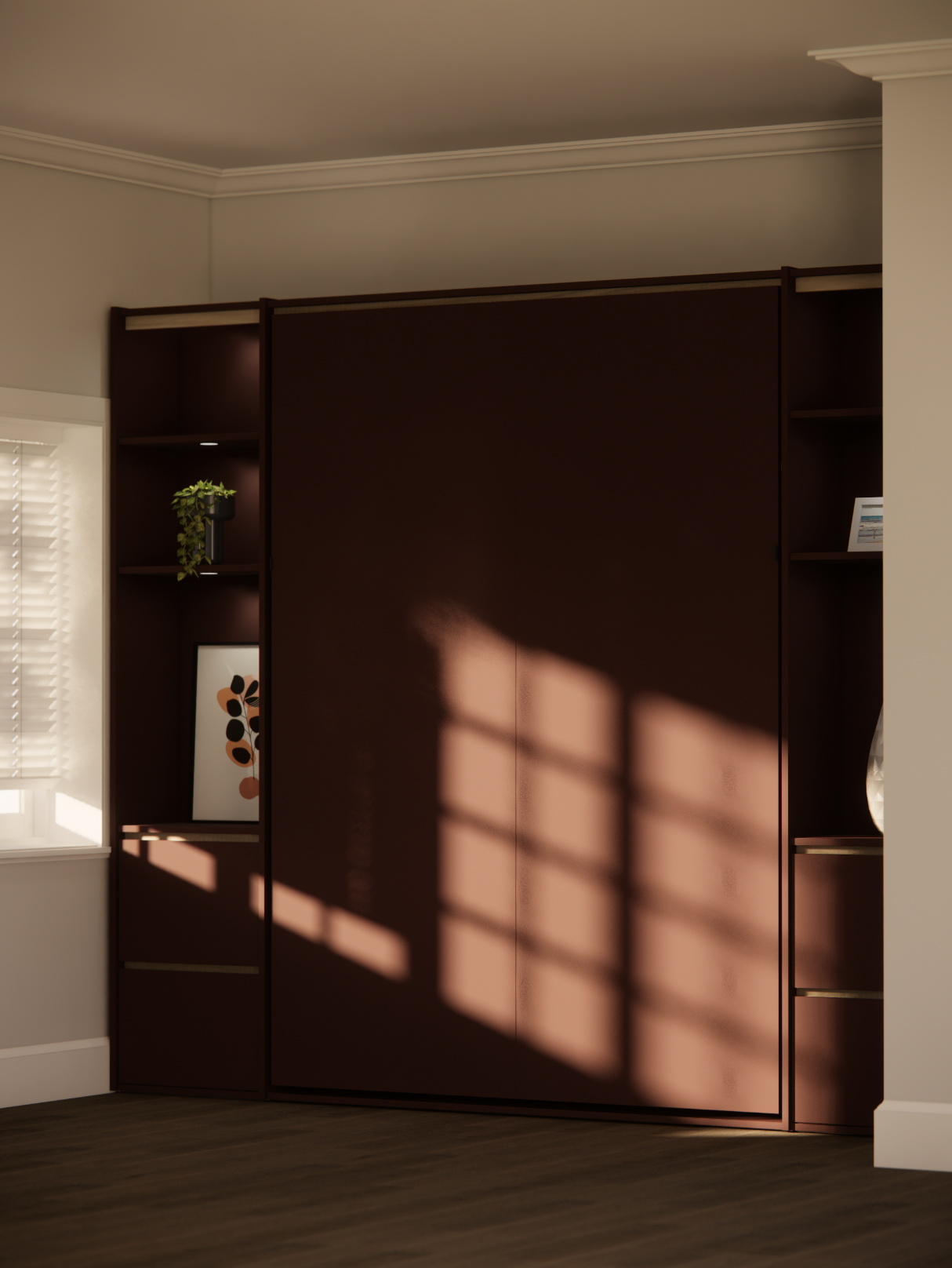 Tekka Maureen modular wardrobe in dark walnut finish with open shelving, styled with plants and art in a sunlit room