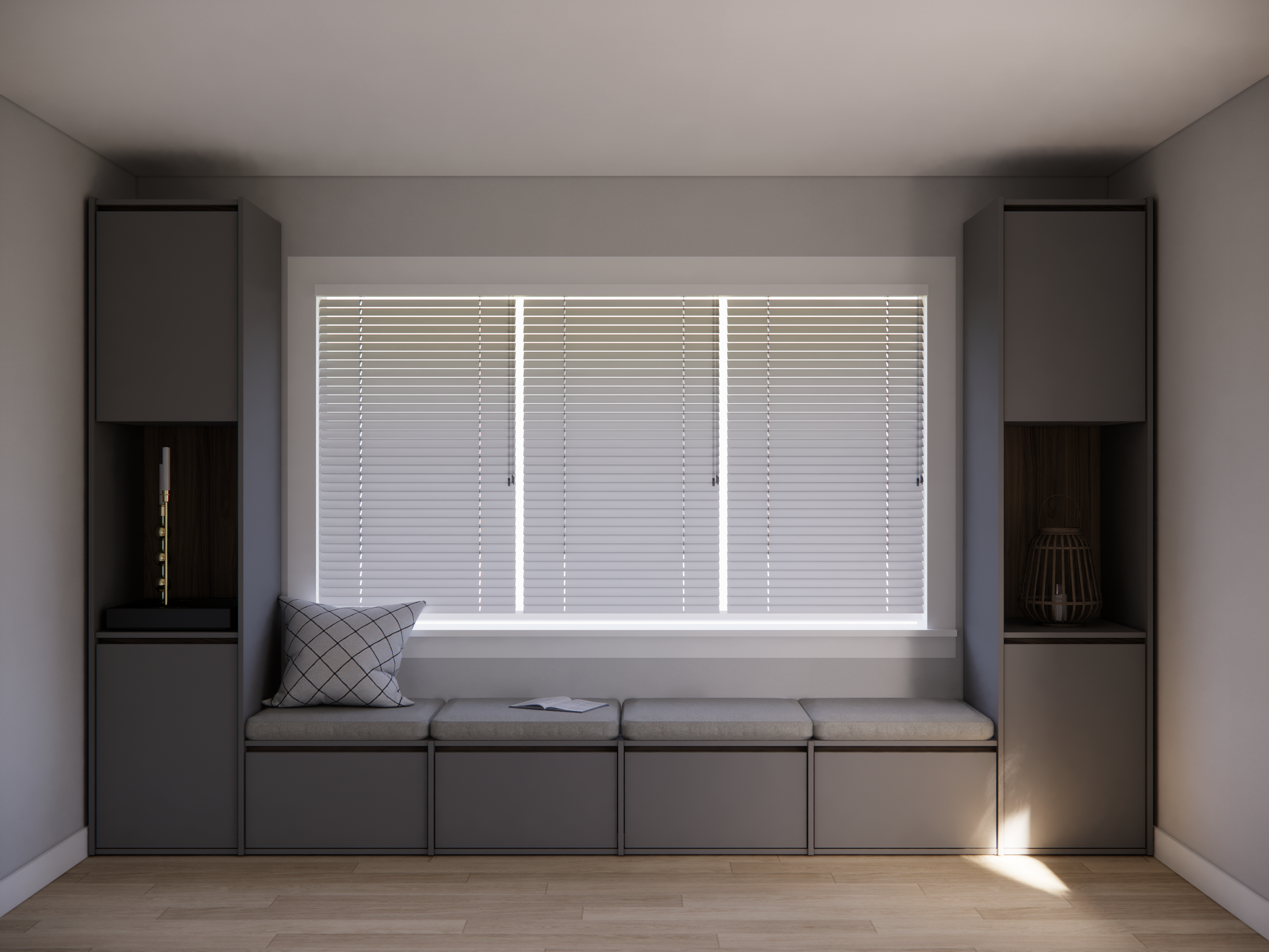 Minimalist window seat with a pillow and an open book, flanked by tall cabinets with open shelves, one containing a candle and the other a decorative lantern, in a modern living space.