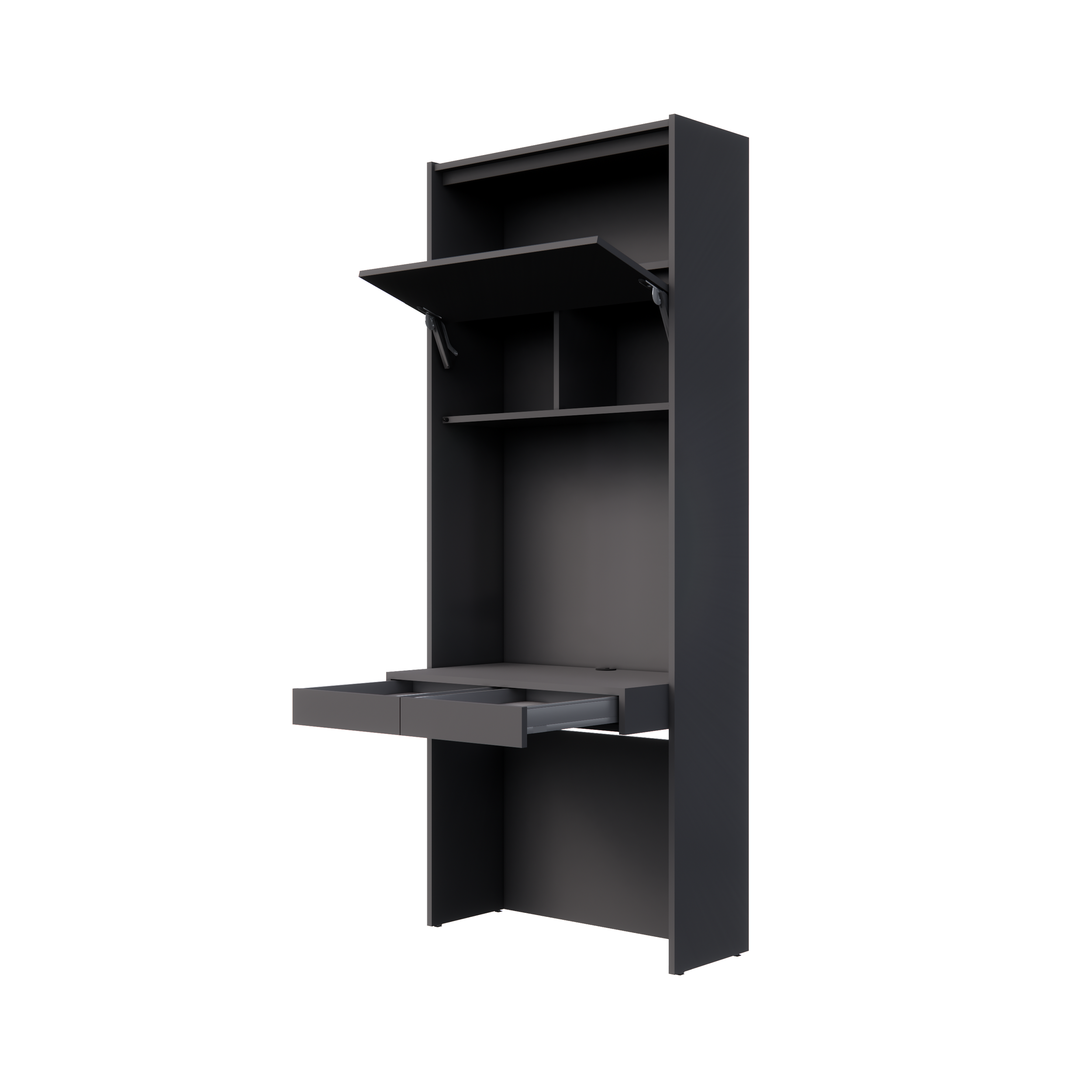 Black tall storage cabinet with open shelves and two drawers