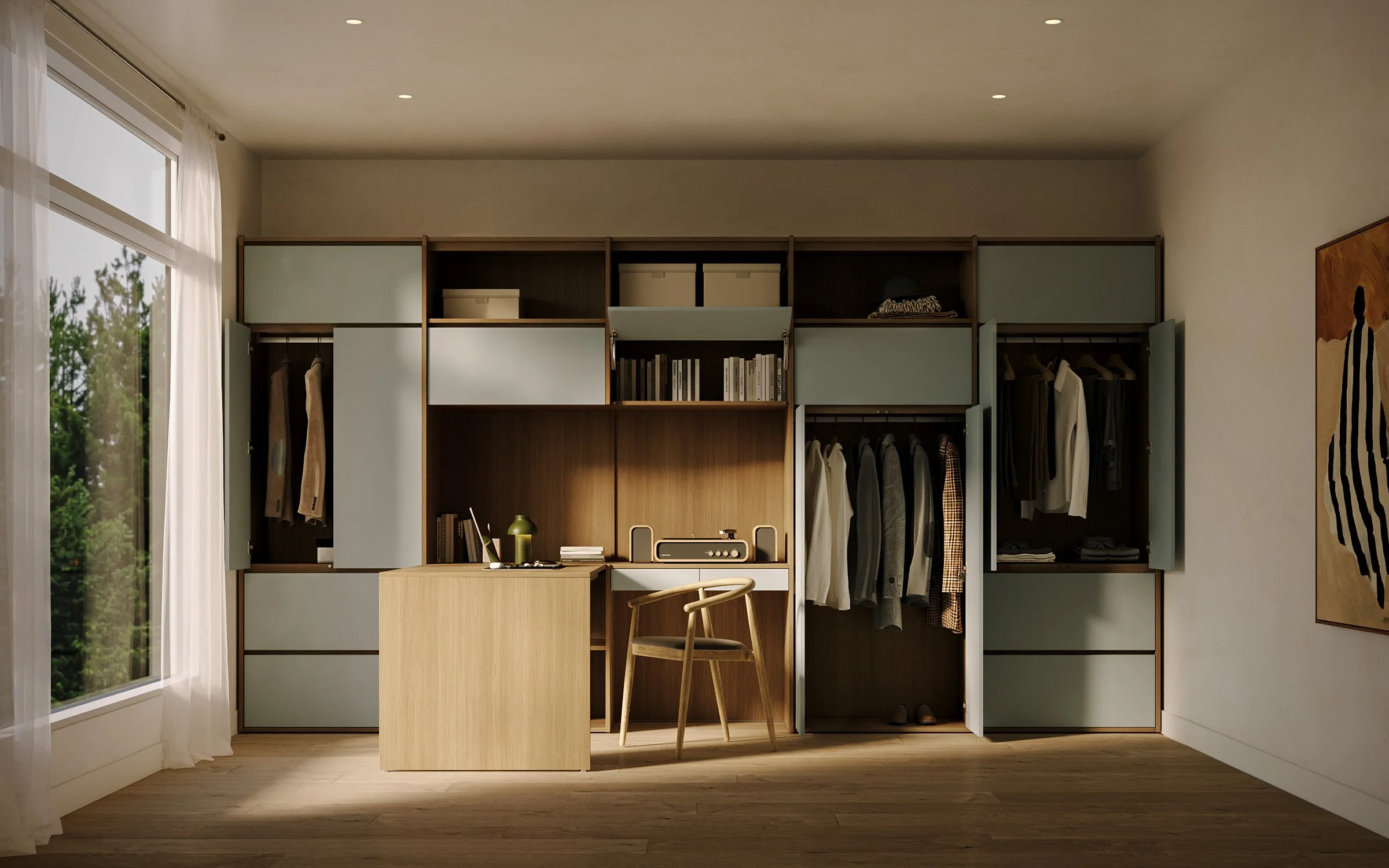 Modern bedroom with built-in closet, a wooden desk with a chair, laptop, and radio, and a large window with white curtains.