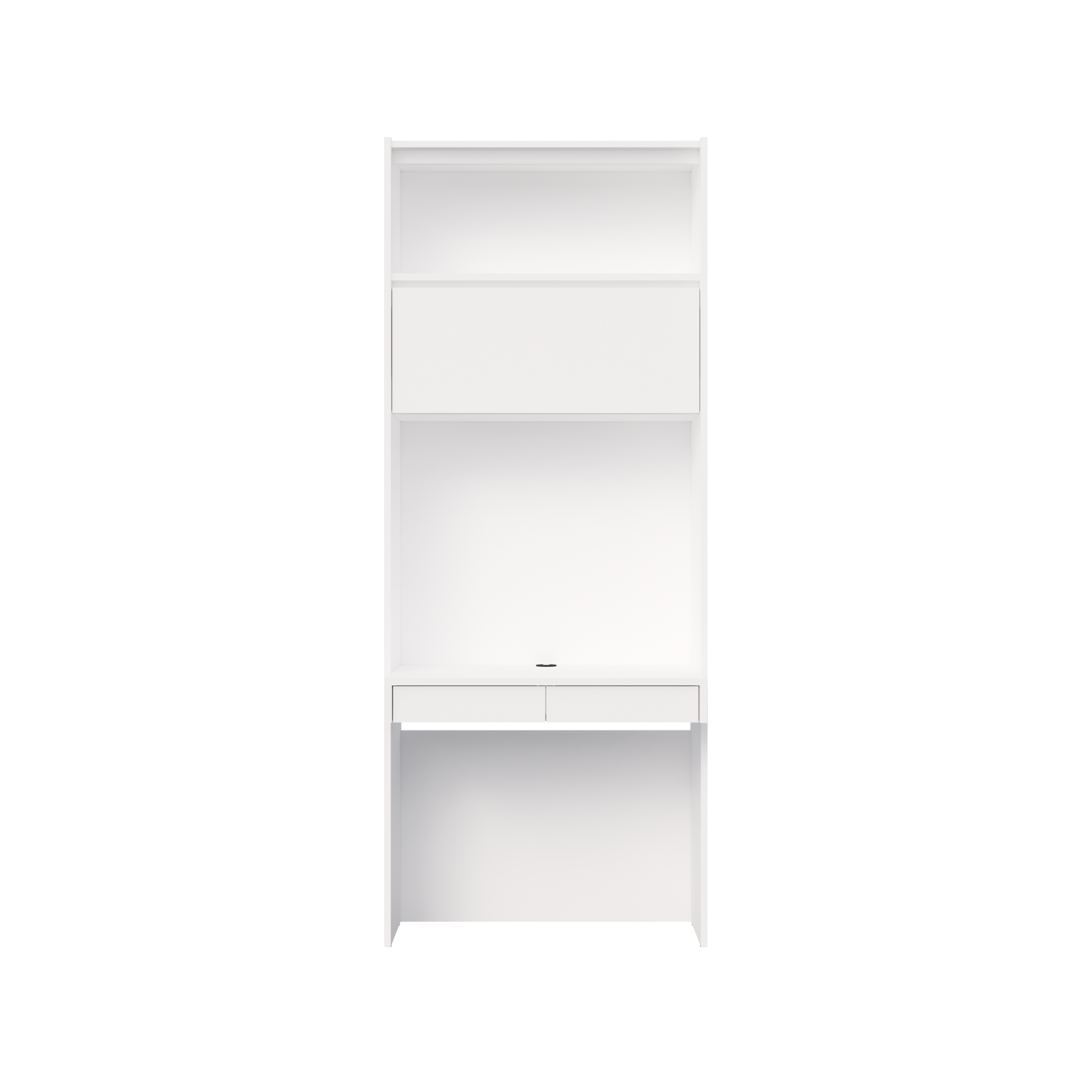 White bookshelf with open shelves and closed drawers at the bottom.