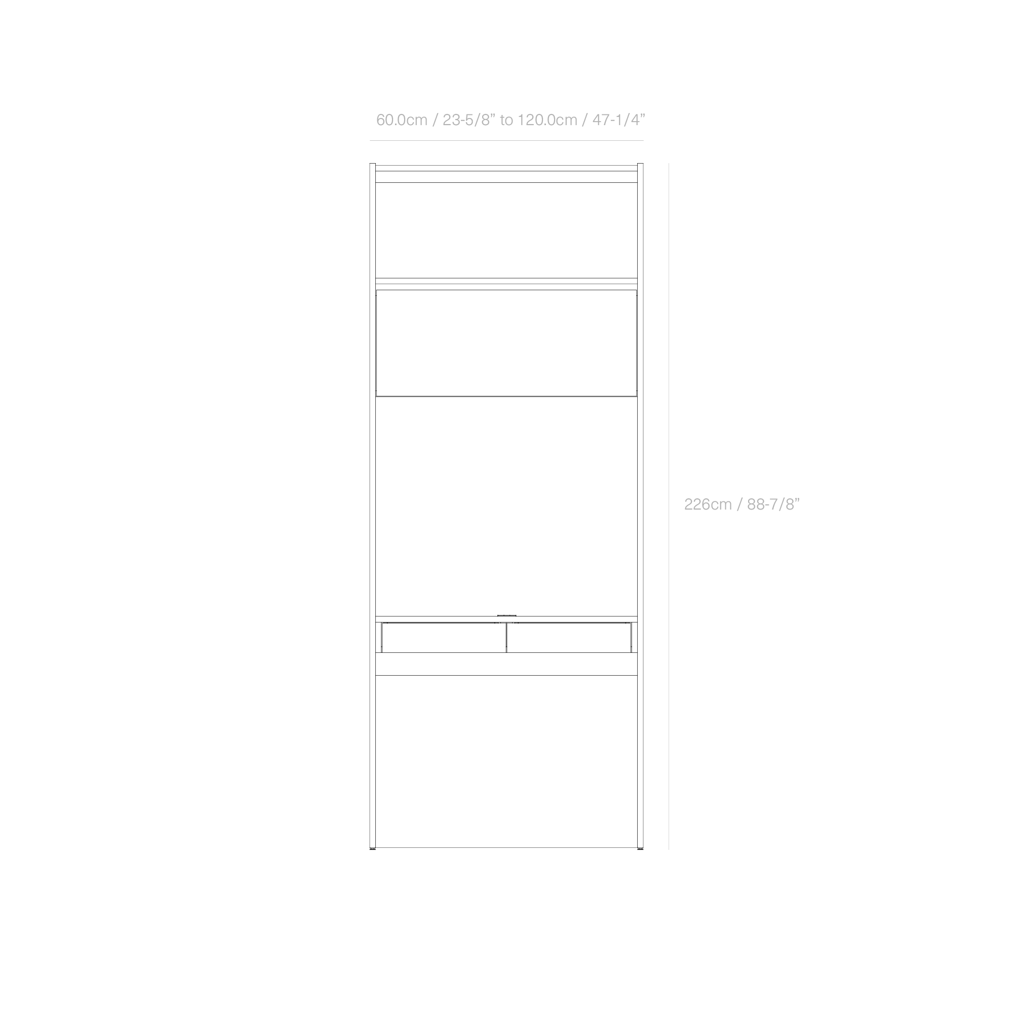 A black background with white text showing dimensions of 60.0 cm (23-5/8 inches) to 120.0 cm (47-1/4 inches) and height of 226 cm (88-7/8 inches).