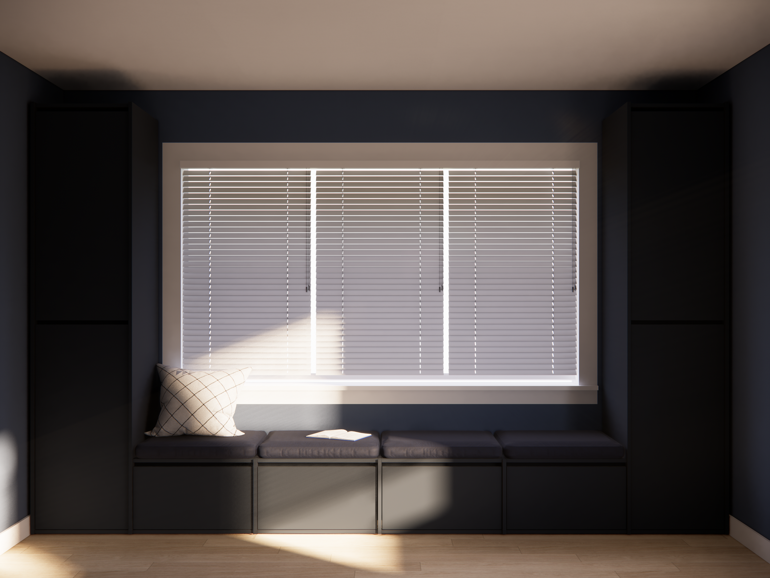 A black window seat with a checkered pillow and an open book, situated below closed white horizontal blinds on a window in a dark blue wall room.