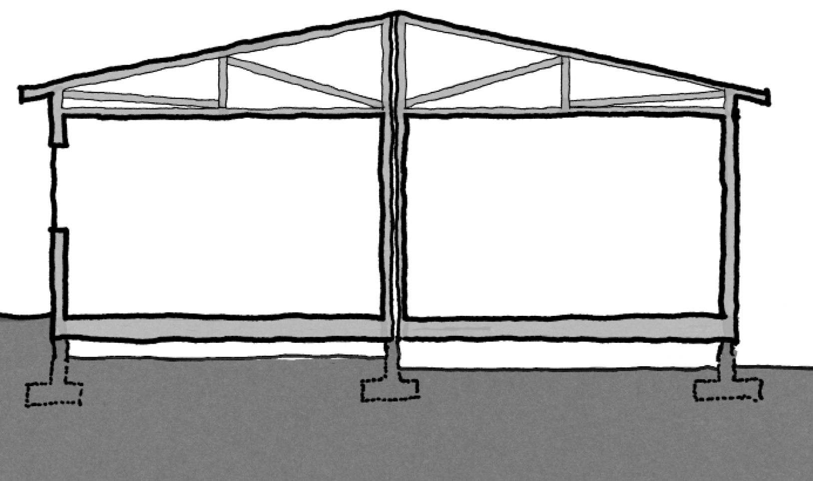 A simple line drawing of a building frame, with a gabled roof supported by vertical posts and horizontal beams. The foundation is shown with dotted lines indicating the footings.
