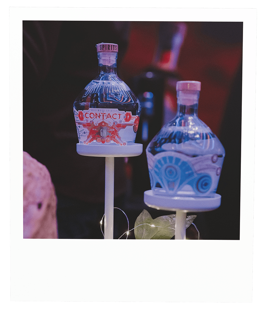 Two decorative gin bottles on sticks with illuminated lights, featuring colorful abstract and text labels, set against a dark background.