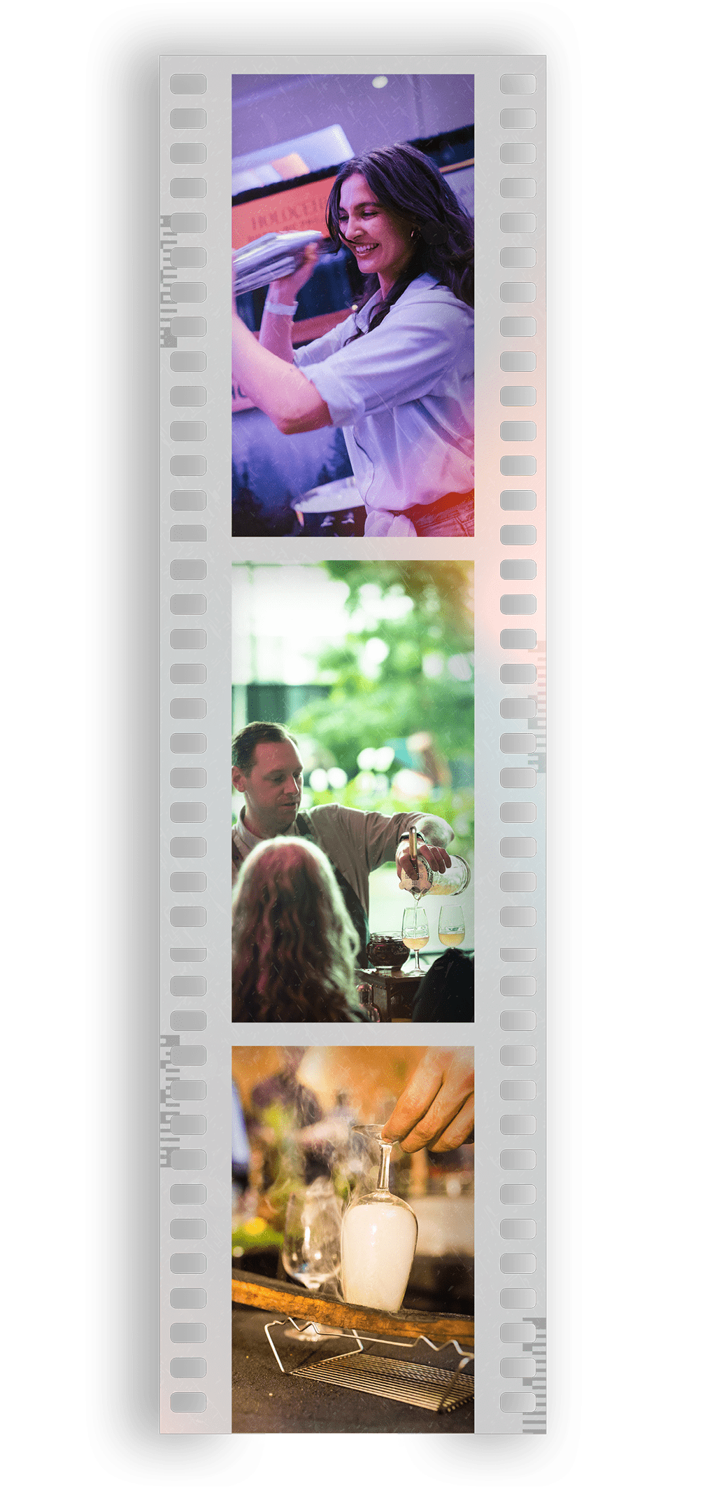 A vertical film strip with three photos: the top shows a woman smiling and shaking a shaker; the middle shows a man pouring wine for a girl at a table outdoors; the bottom shows a hand pouring smoke from a glass vessel over a steaming glass container.