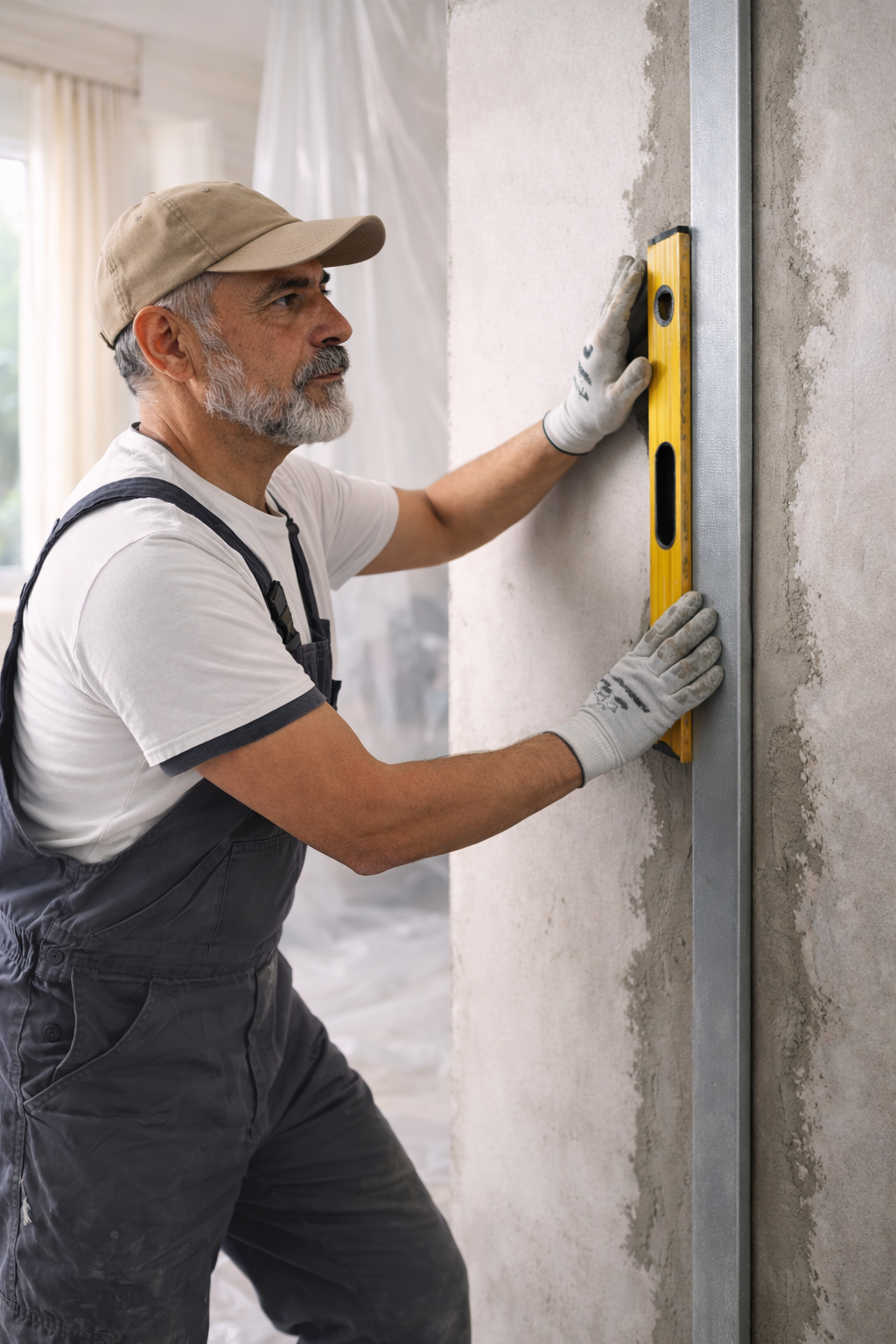 A man measuring a wall with a yellow spirit level in a room under construction or renovation.
