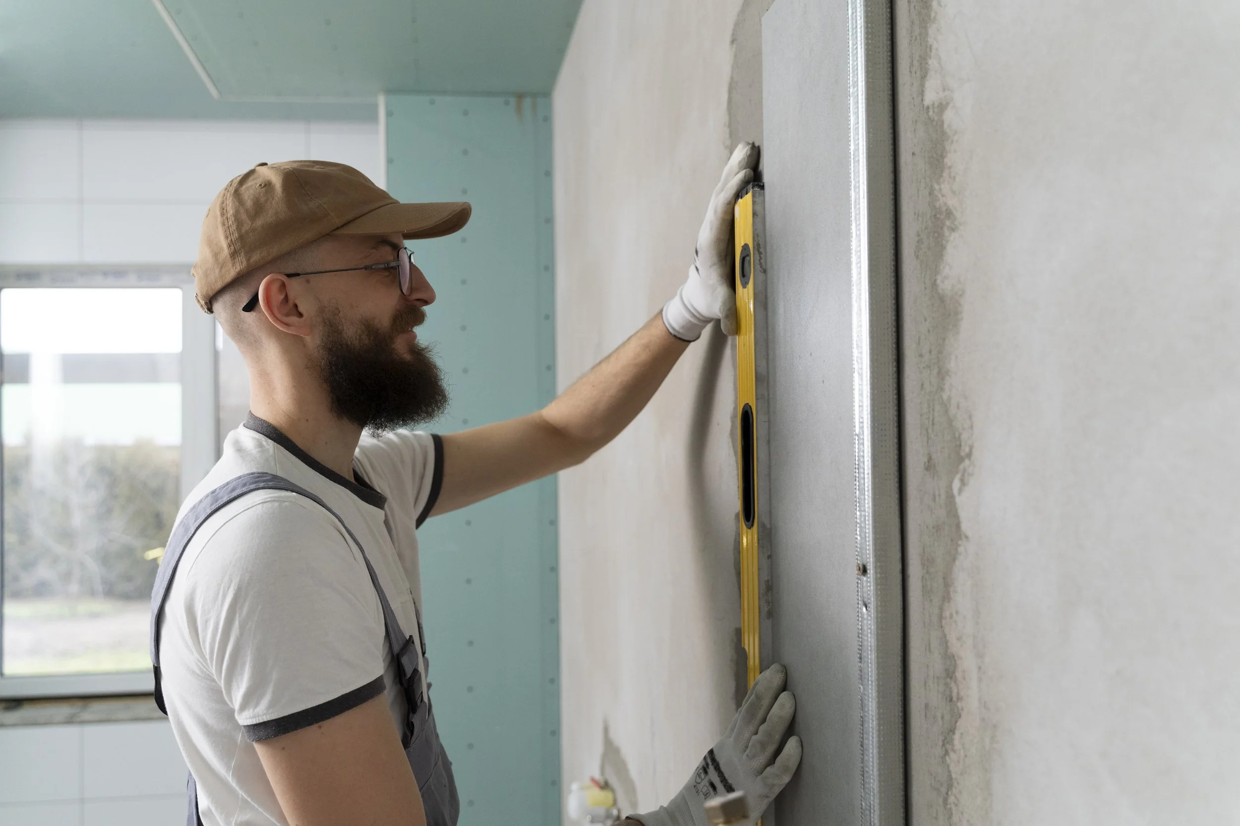 A man measuring a wall with a yellow spirit level in a room under construction or renovation.