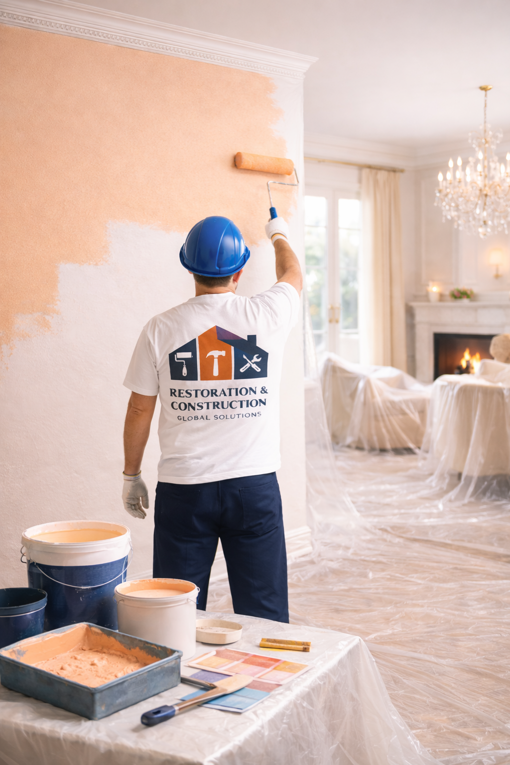 A person wearing a blue safety helmet and work overalls painting a wall yellow with a paint roller.
