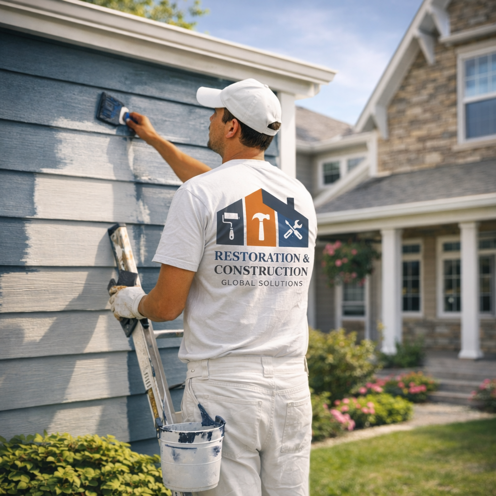 A person wearing a blue safety helmet and overalls painting a wall yellow with a paint roller.