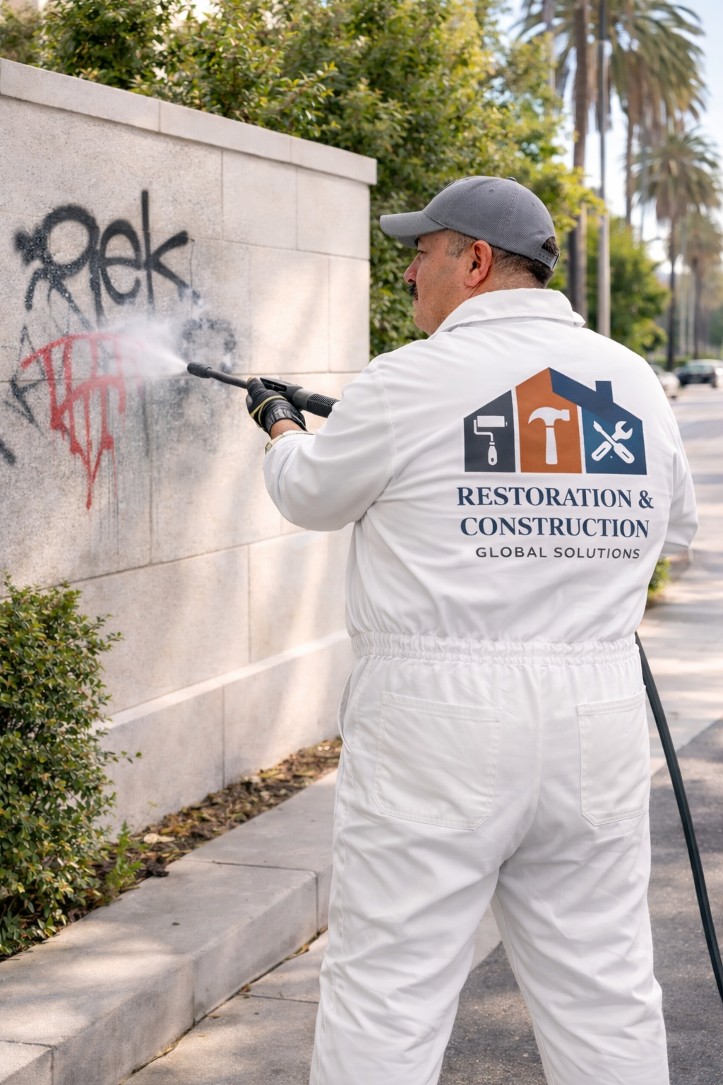 Man in black work uniform and orange gloves pressure washing a brick wall with graffiti art on it.