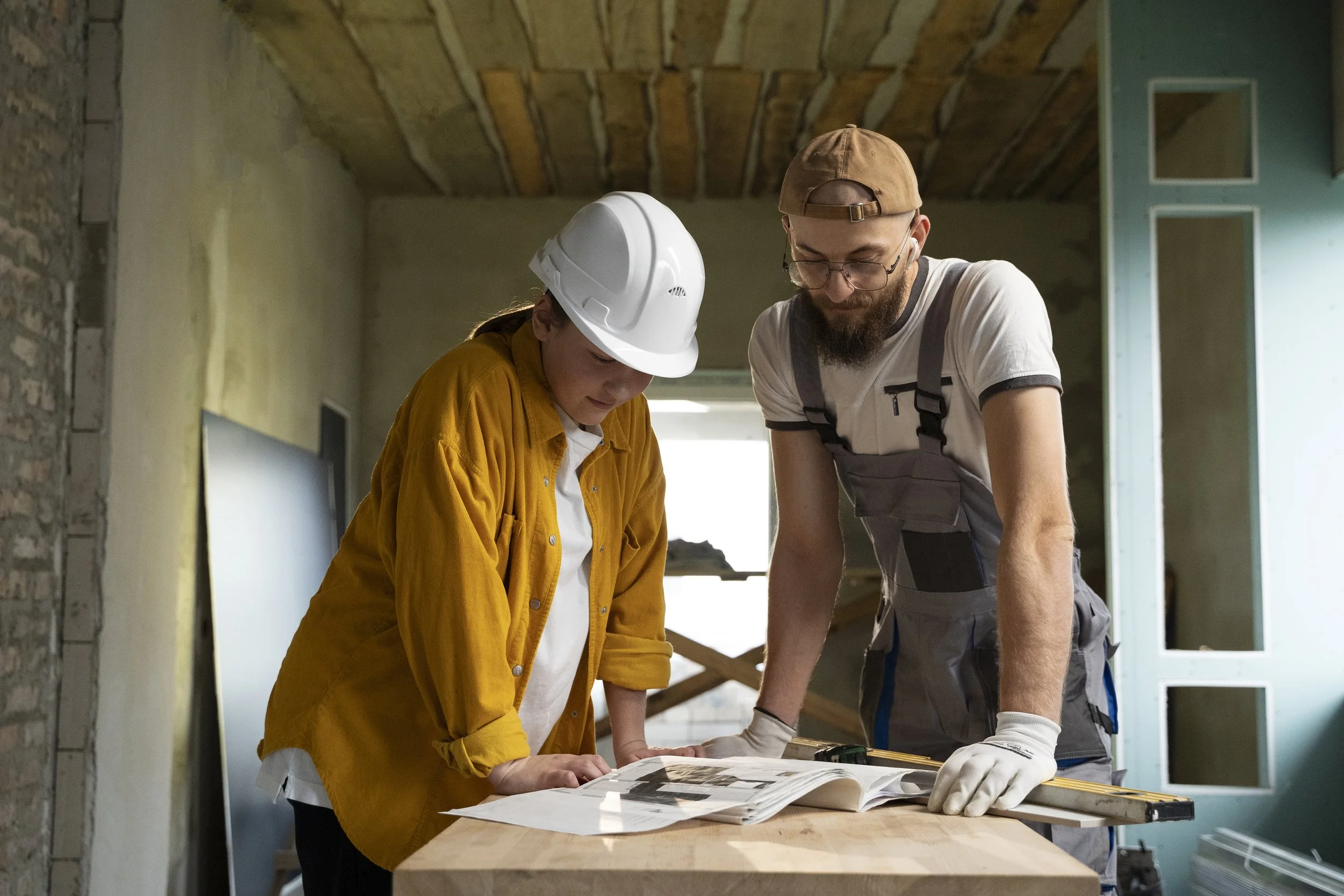 Two people, a woman wearing a white hard hat and a yellow shirt, and a man with glasses, a tan cap, and overalls, examining blueprints on a wooden worktable inside a house under construction.