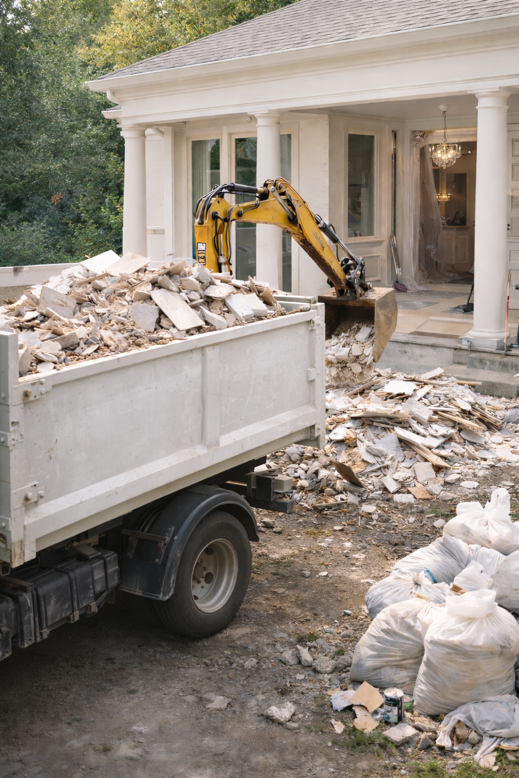 Construction site with a yellow backhoe loader and a green truck on a dirt road, with workers and debris nearby, blue sky with clouds in the background.
