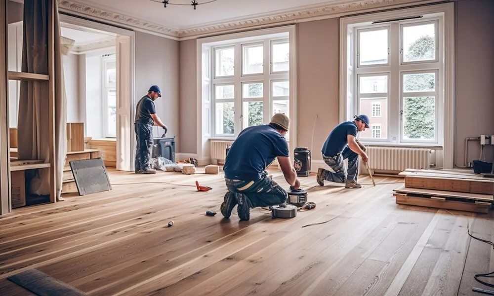 A person installing wood flooring, placing a plank with a mallet, wearing gloves, a white shirt, and black pants, with a large container of adhesive or grout nearby.