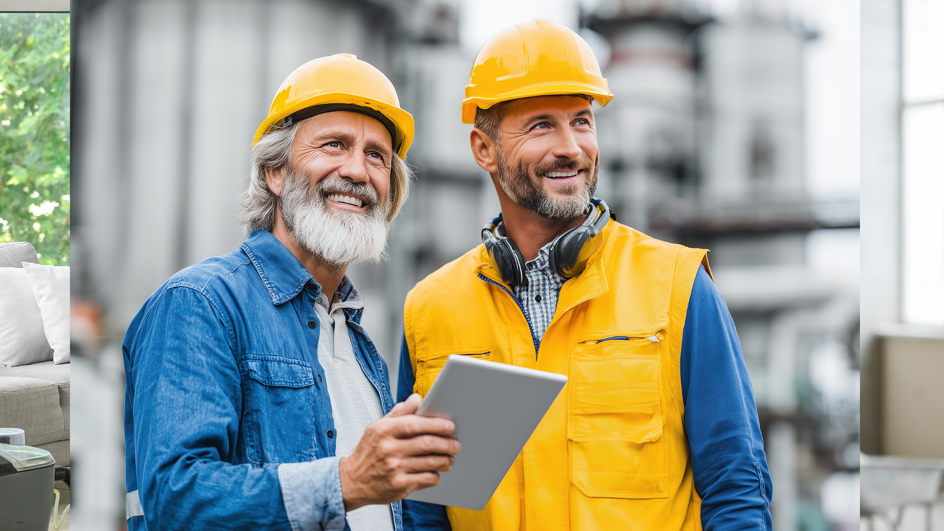 Two construction workers wearing yellow hard hats and safety vests smiling and looking at a tablet in a warehouse or industrial setting.
