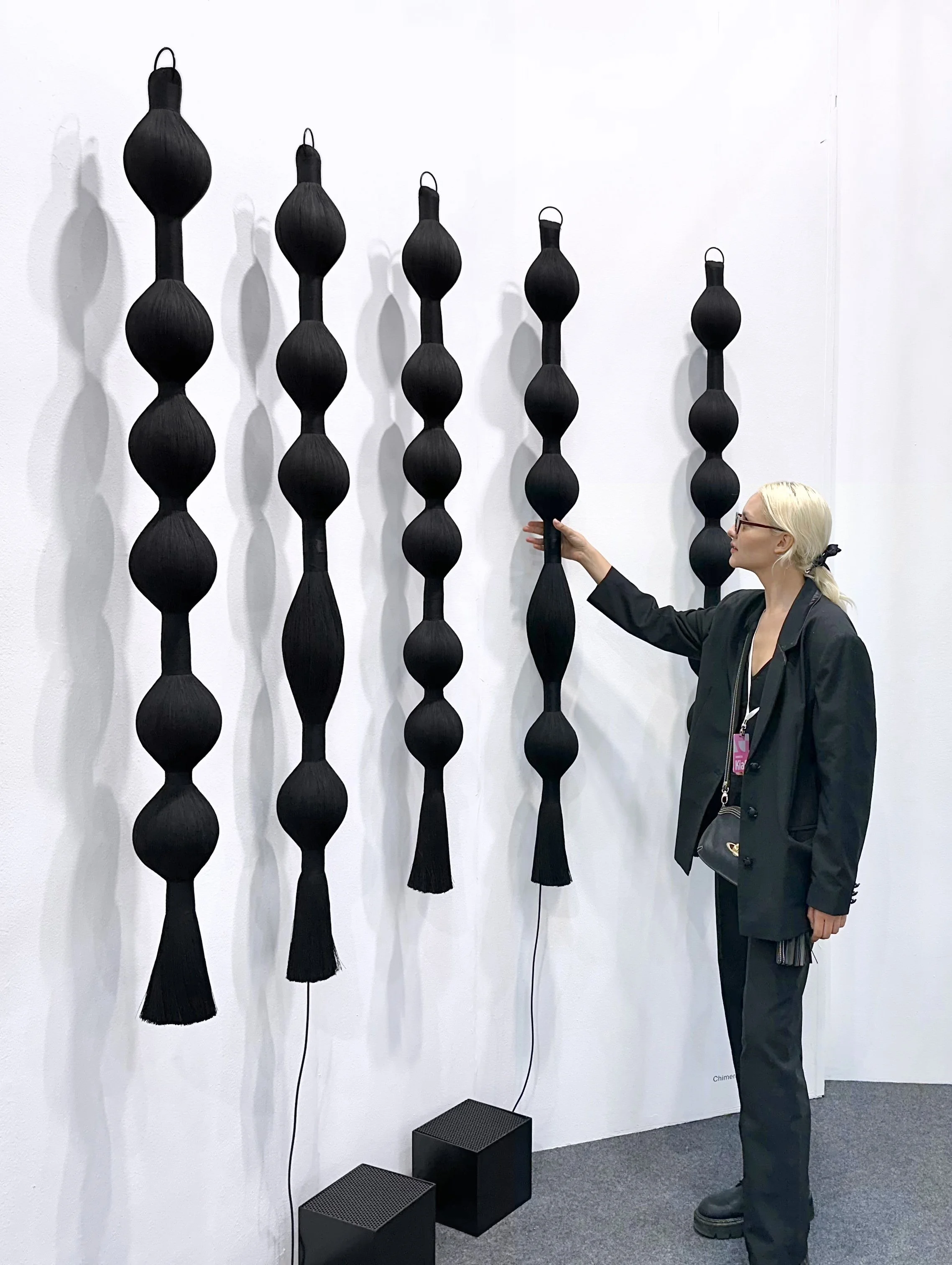 1  Oracle - Gray- Blue (5 antennas), 2023-2025. Interactive sound textile. Cotton thread, conductive fabric, and wooden boxes with speakers and electronics. 160 x 14 x 14 cm each textile..jpg