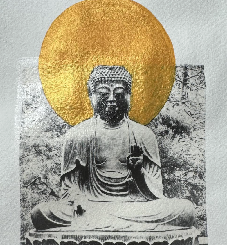 Black and white poster of Buddha with a large golden halo behind his head, sitting in a cross-legged meditation pose with one hand raised in blessing and the other resting on his lap, with a natural outdoor background.