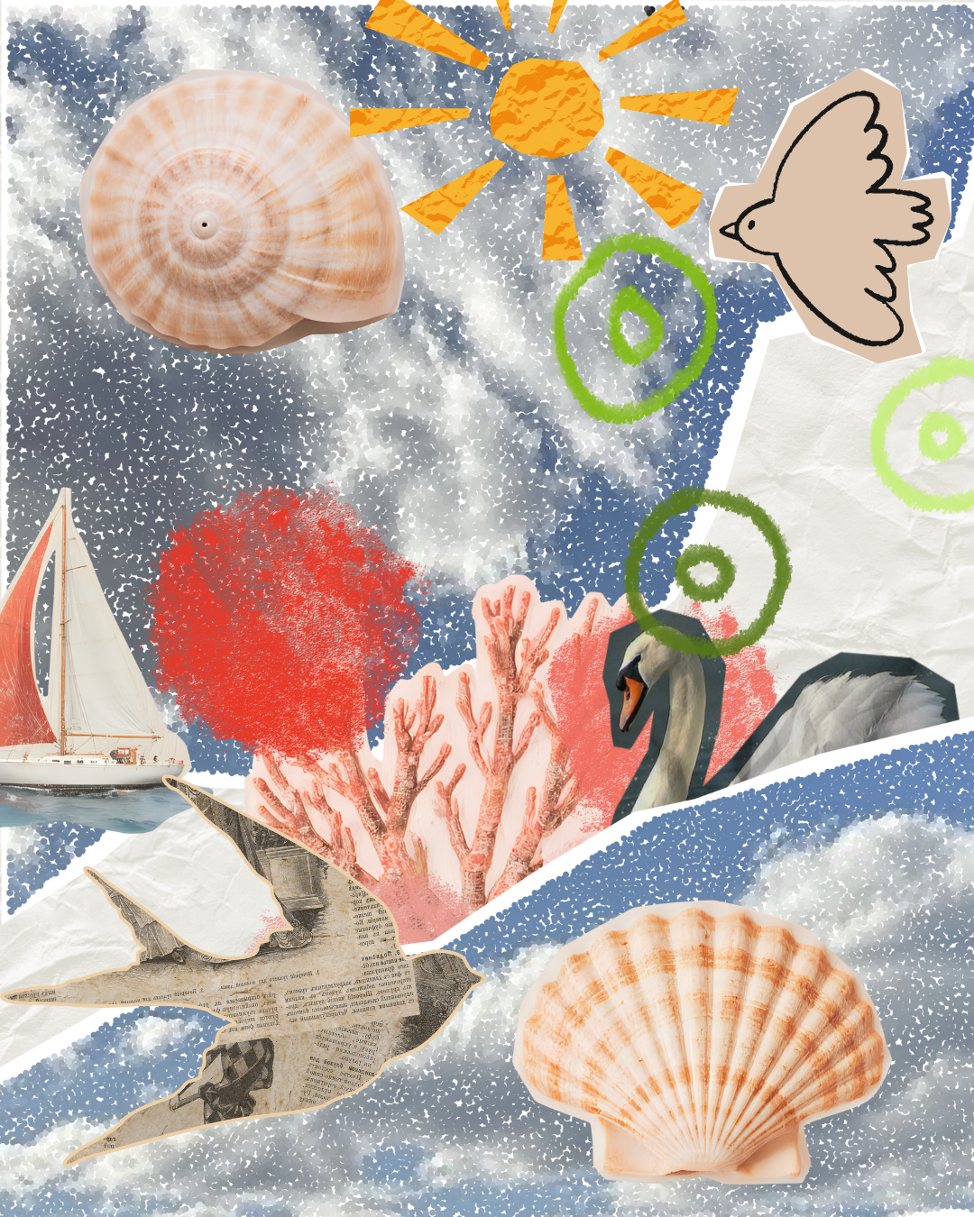 Collage of nature and travel elements: seashells, a sailboat, a bird, a swan, a tree, and the sun.
