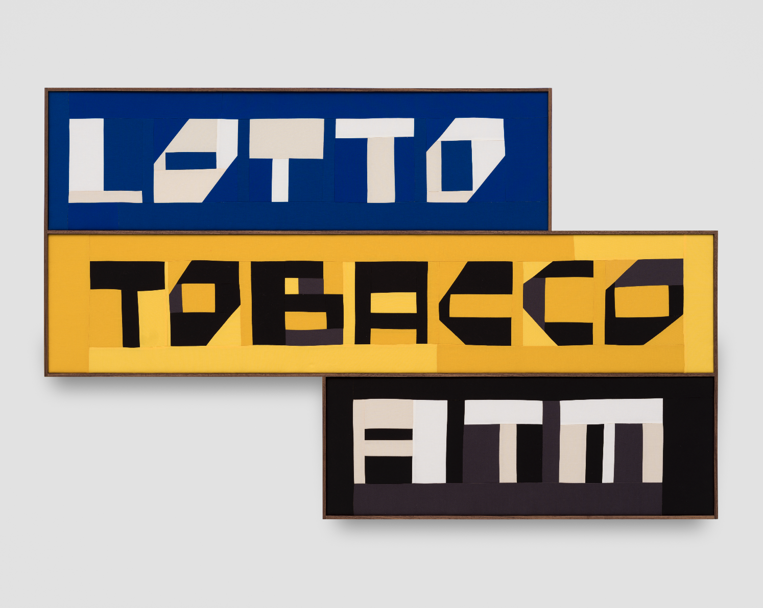 Jeffrey Sincich Lotto • Tobacco • ATM (2025) Cotton fabric, batting, wooden panel, walnut artist frame. 