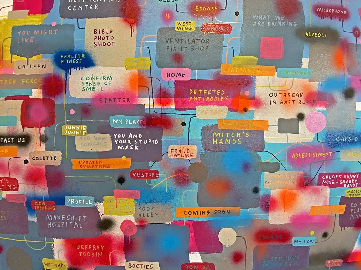 Tucker Nichols, Sneeze, 2020
Acrylic, spray paint and tape on wall
25 x 60’, Gallery 16, SF