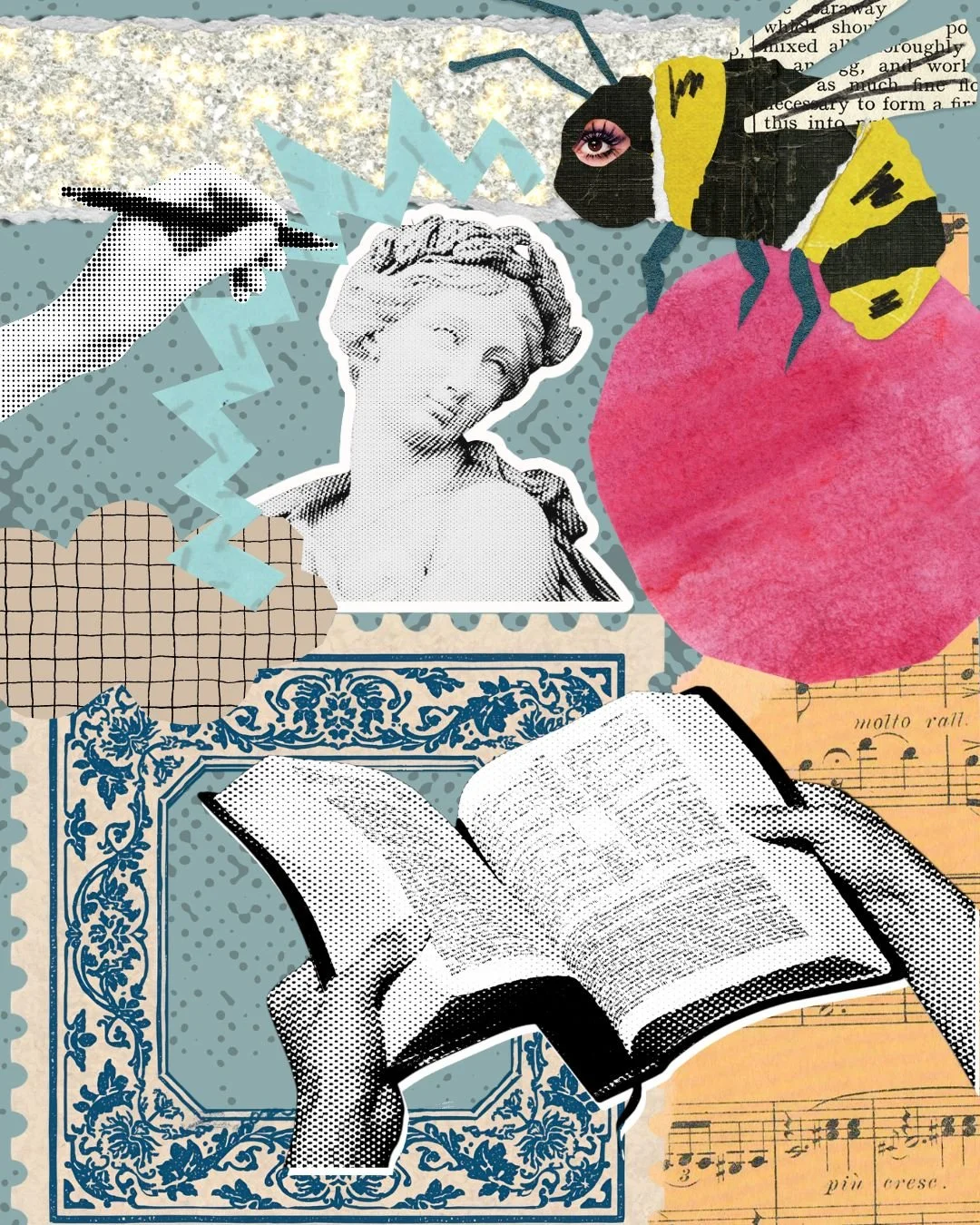 A collage art piece featuring a hand holding an open book, a classical sculpture bust of a woman, a large pink heart, a bee with a human eye, and torn pieces of paper with text, musical notes, and patterns.