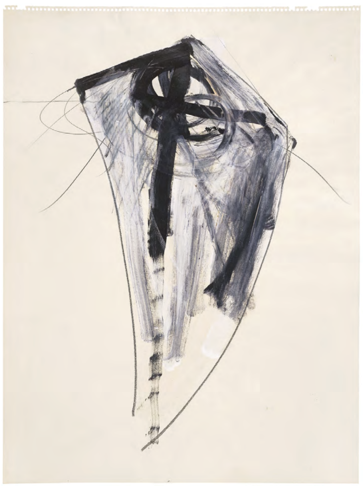 Jay DeFeo, Untitled (Tripod series), 1976, graphite and acrylic on paper, 24 × 18 in (61 × 45.7 cm), courtesy of The Jay DeFeo Foundation