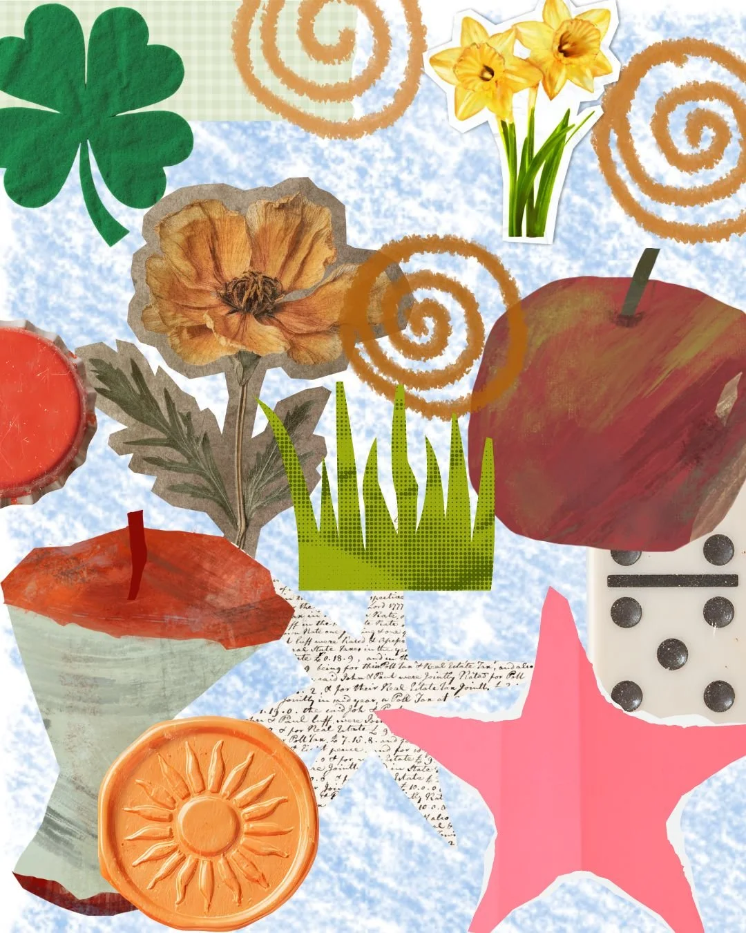 Collage of various cut-out images of flowers, leaves, a checkered background, cinnamon rolls, an apple, a star, a circle with a sun design, a dice, and orange spirals, on a blue speckled background.