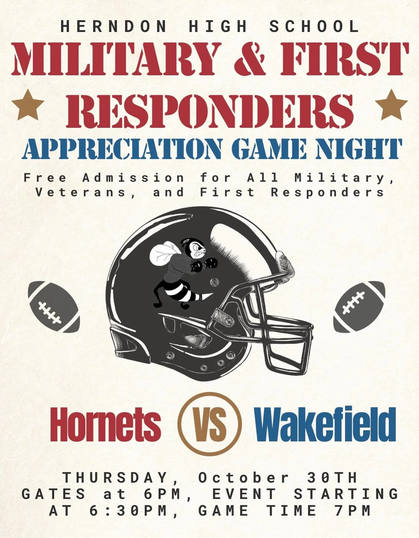 🎖️🏈 MILITARY &amp; FIRST RESPONDERS APPRECIATION NIGHT! 🏈🎖️
This Thursday, October 30th, your Herndon Hornets take on Wakefield at home &mdash; and we&rsquo;re celebrating our heroes! 🇺🇸💪
All military members, veterans, and first responders re