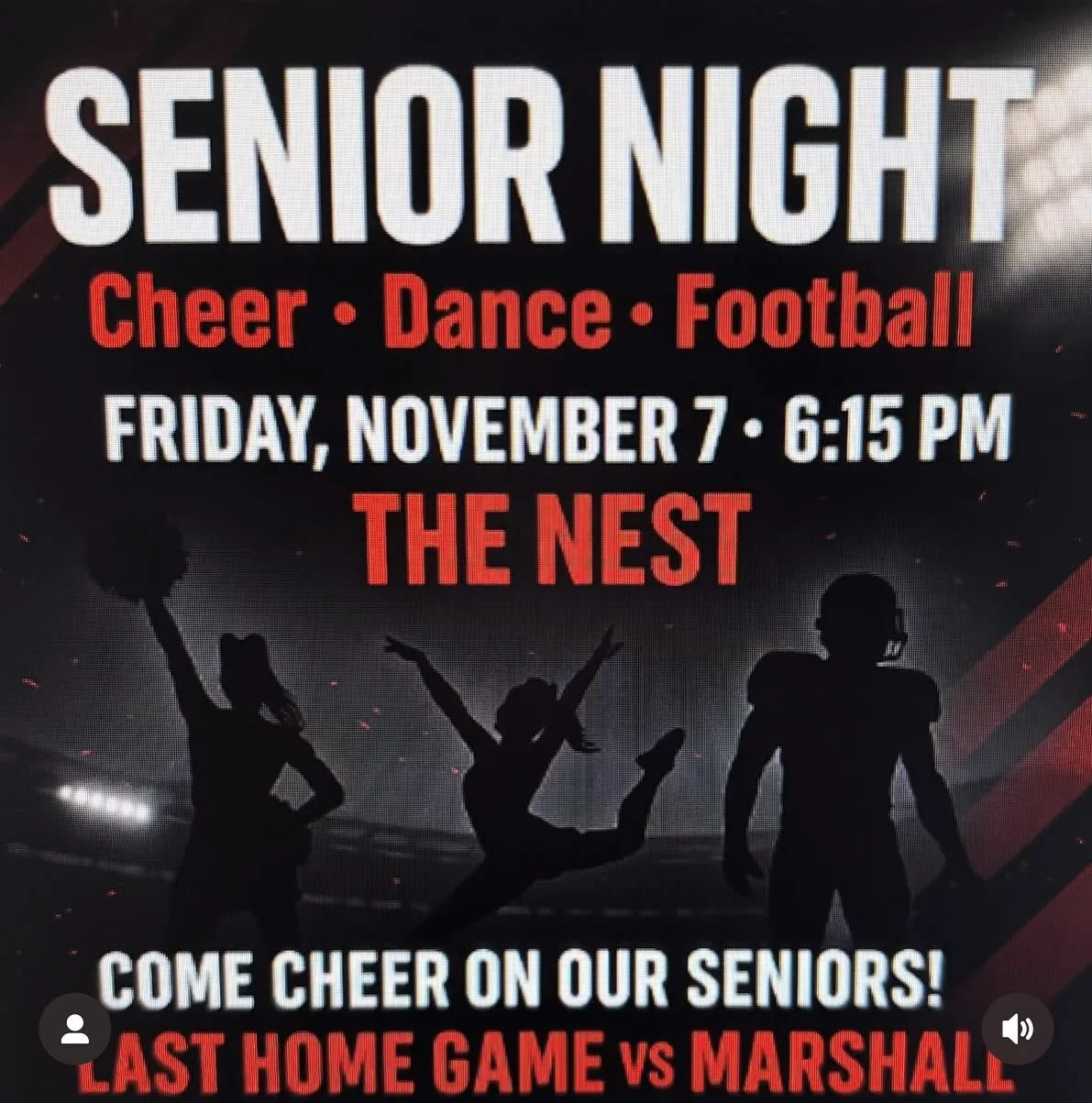 6:15pm TONIGHT!! Let&rsquo;s pack The Nest at our last home game, and honor our Seniors! Senior celebrations for Football, Cheer, and Dance start at 6:15pm. Band at halftime.