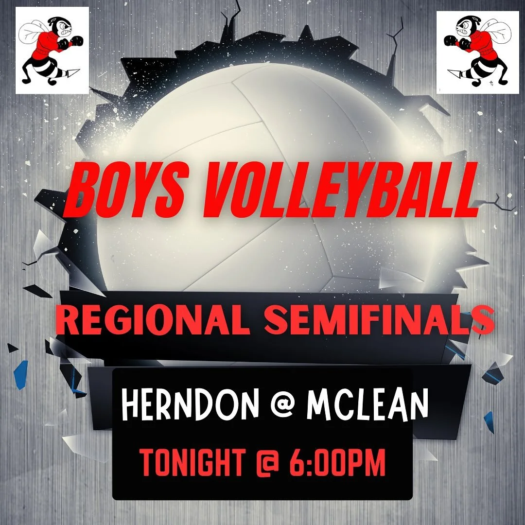 🏐 Game Day!
Herndon Boys Volleyball hits the court tonight in the Region Semifinals! 💪🔥
📍 at McLean High School
🕕 6:00 PM

Come pack the gym and cheer on our Hornets &mdash; let&rsquo;s bring the energy! ❤️🖤 #HerndonPride #GoHornets #herndonvol