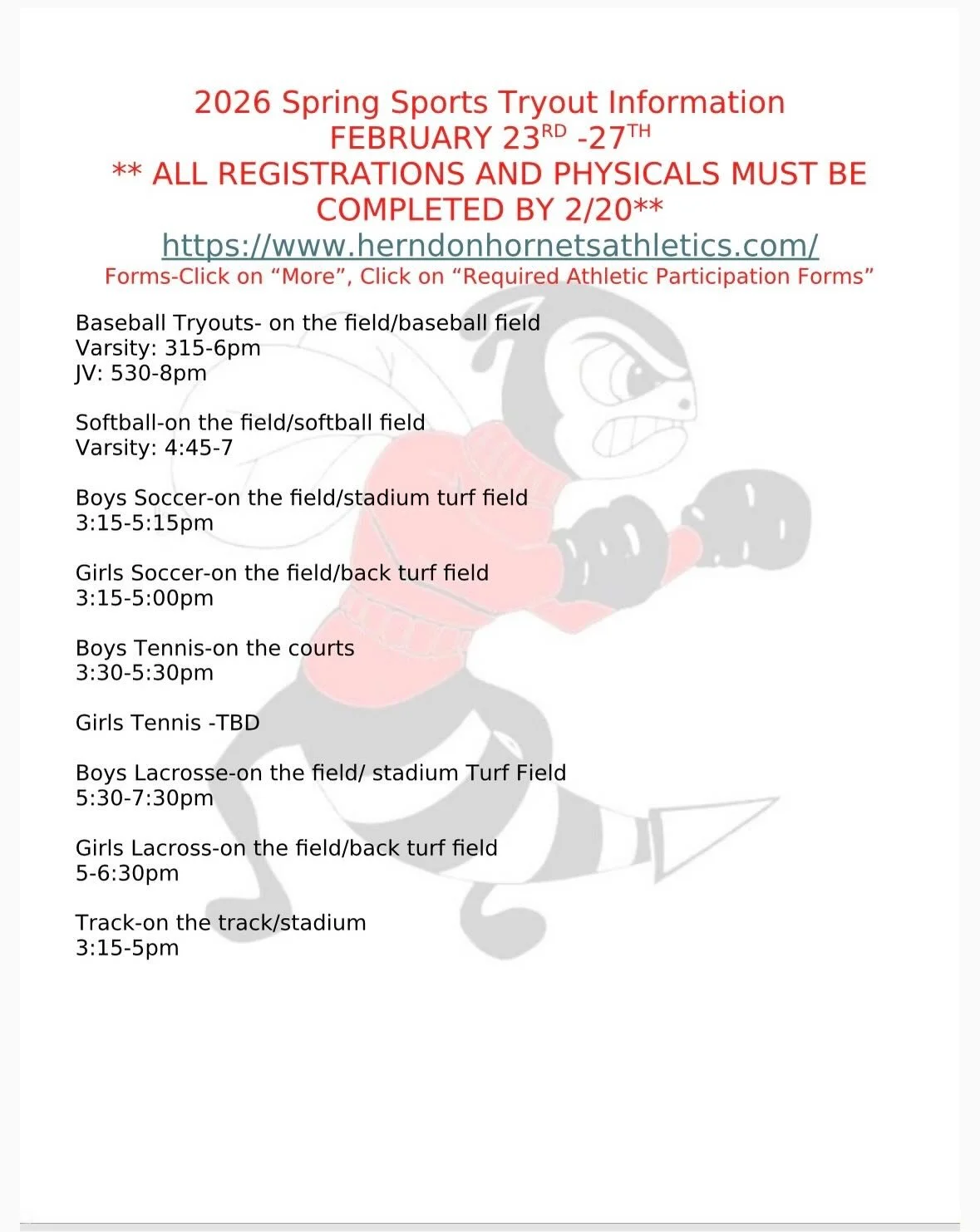 Spring is almost here &amp; Herndon HS sports will be hitting outside in the #HornetsNest! Spring sports tryouts are the last week of February. 

Make sure you register for your sport and submit your physical form no later than February 20 - https://