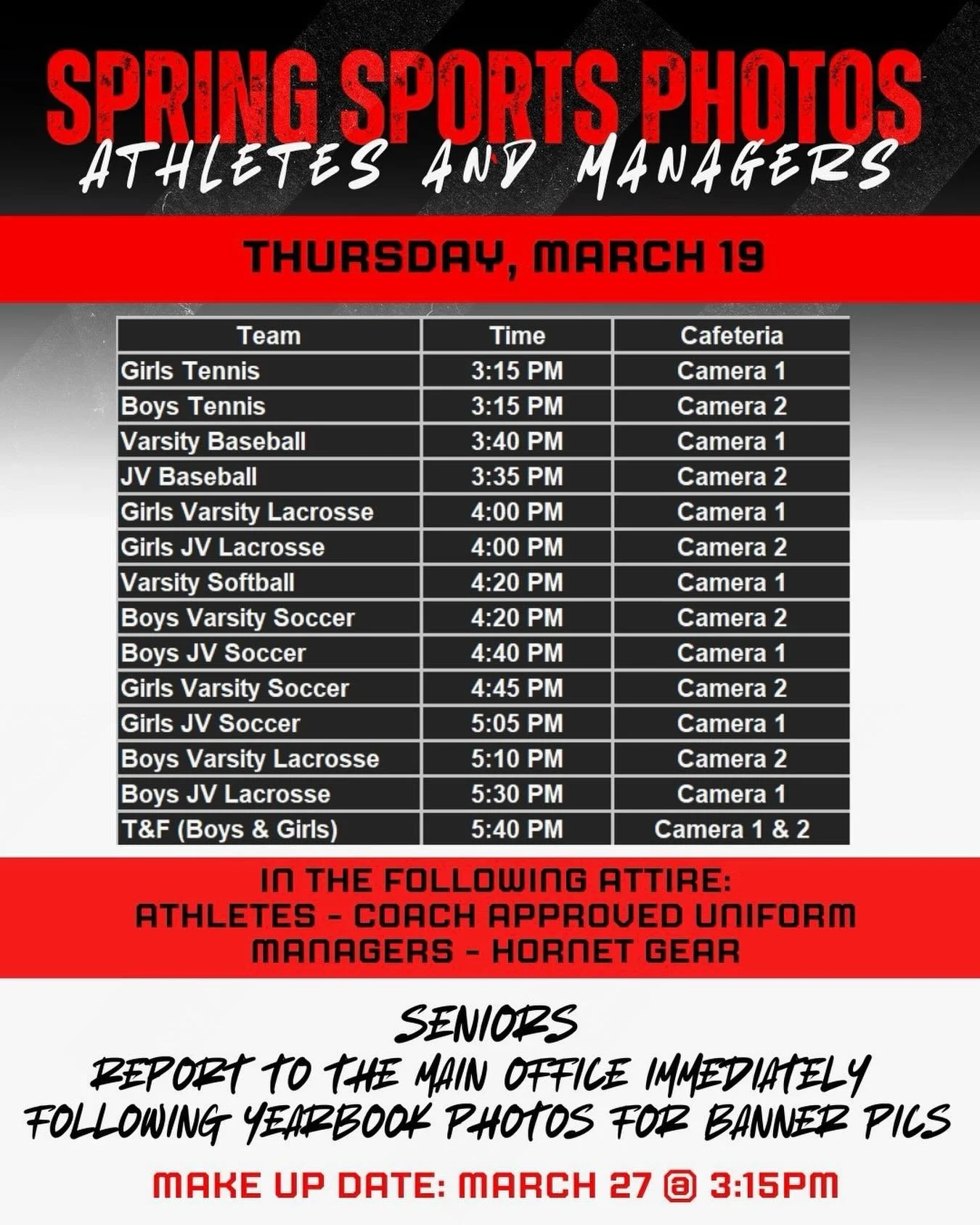 📸🔥 IT&rsquo;S SPRING SPORTS PHOTO DAY!!! 🔥📸

Hornets&hellip; it&rsquo;s time to show up and show OUT 💪

🗓 Thursday, March 19
⏰ Check your team&rsquo;s time &amp; be READY

This is your moment &mdash; bring the swagger, the energy, and that Horn