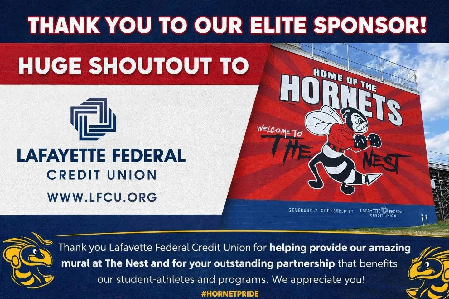 📣 SPONSORSHIP SHOUTOUT! 📣

Huge shoutout to our Elite Sponsor, Lafayette Federal Credit Union! 🙌

Your support means so much to our program and our student-athletes. Thanks to your generosity, &ldquo;The Nest&rdquo; now features an incredible mura