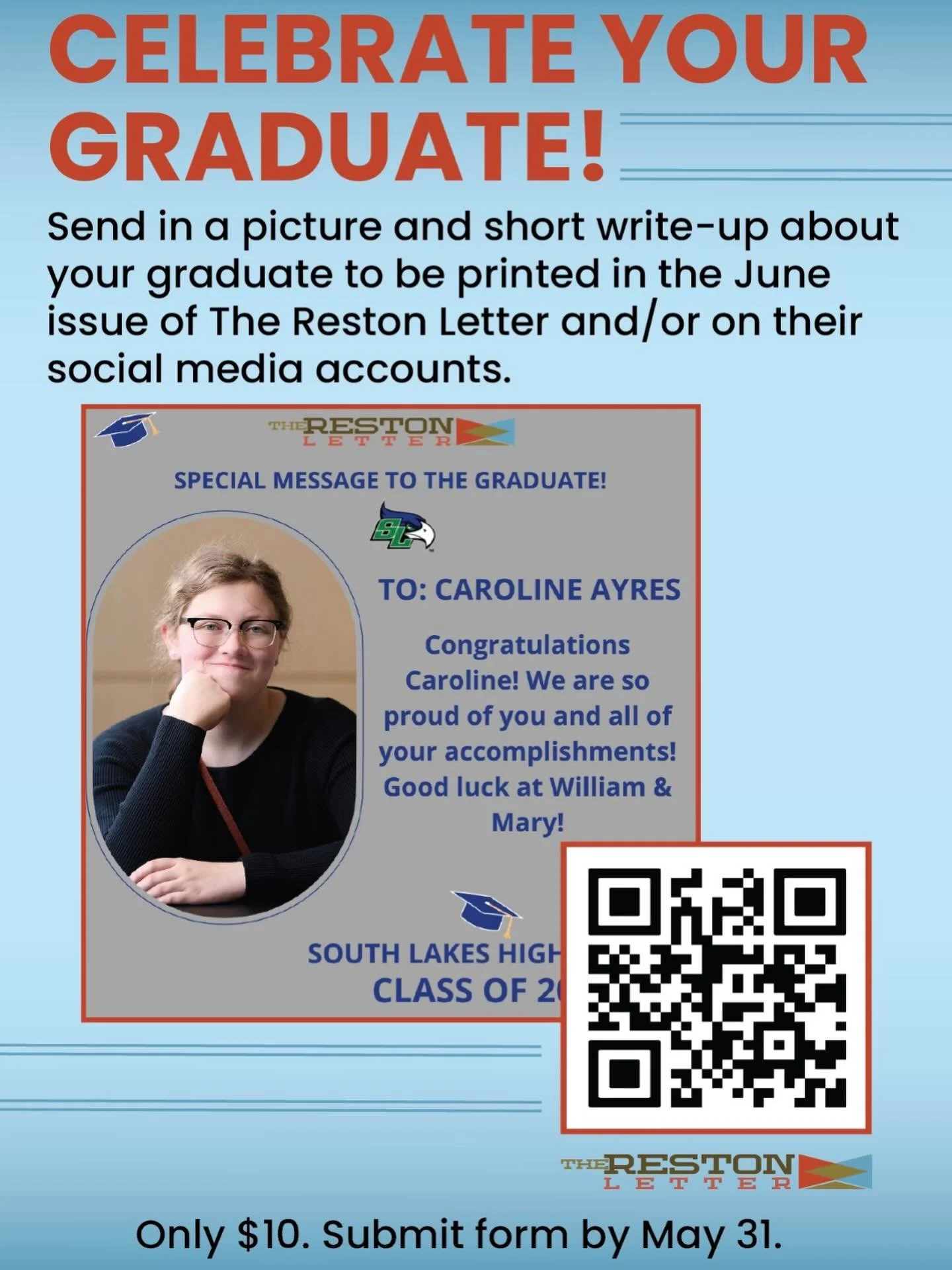 A great opportunity with @therestonletter to share your graduate&rsquo;s academic success! Please note the May 31 deadline for its June edition! @hhs.allnightgrad @hhs26decisions_ @herndon_athletics