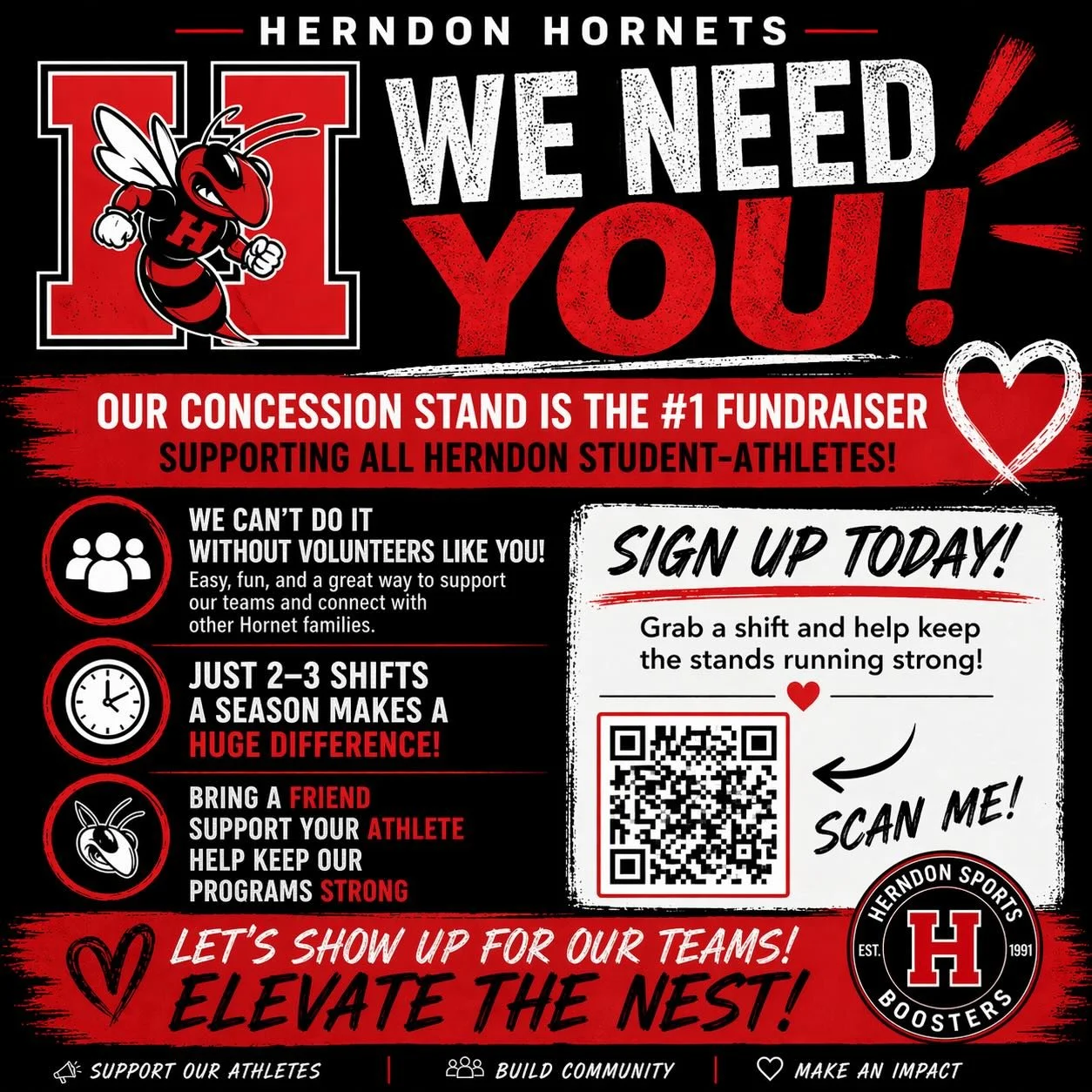 🚨❤️🖤 HORNET FAMILIES &mdash; WE NEED YOU! 🖤❤️
👉 We need your help this Saturday! HMS is hosting 12  middle school track teams at HHS  on Saturday and we will have the HHS concession stand open. 
🎟️ Grab a spot here:
https://m.signupgenius.com/#!