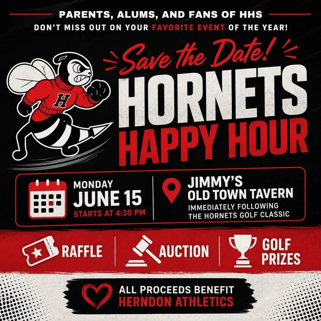 Hornet Nation 🐝❤️🖤

Save the date for one of our favorite nights of the year &mdash; Hornets Happy Hour!

Join parents, alumni, fans, and friends on Monday, June 15 at 4:30 PM at Jimmy&rsquo;s Old Town Tavern immediately following the Hornets Golf 