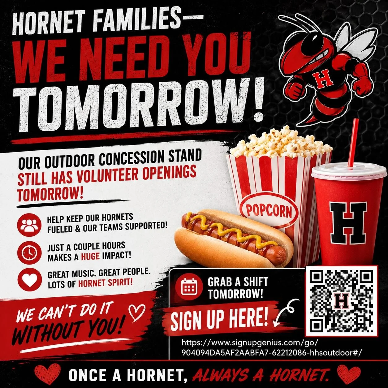 🚨❤️🖤 HORNET FAMILIES &mdash; WE NEED YOU TOMORROW! 🖤❤️ https://m.signupgenius.com/#!/showSignUp/904094DA5AF2AABFA7-62212086-hhsoutdoor?useFullSite=false