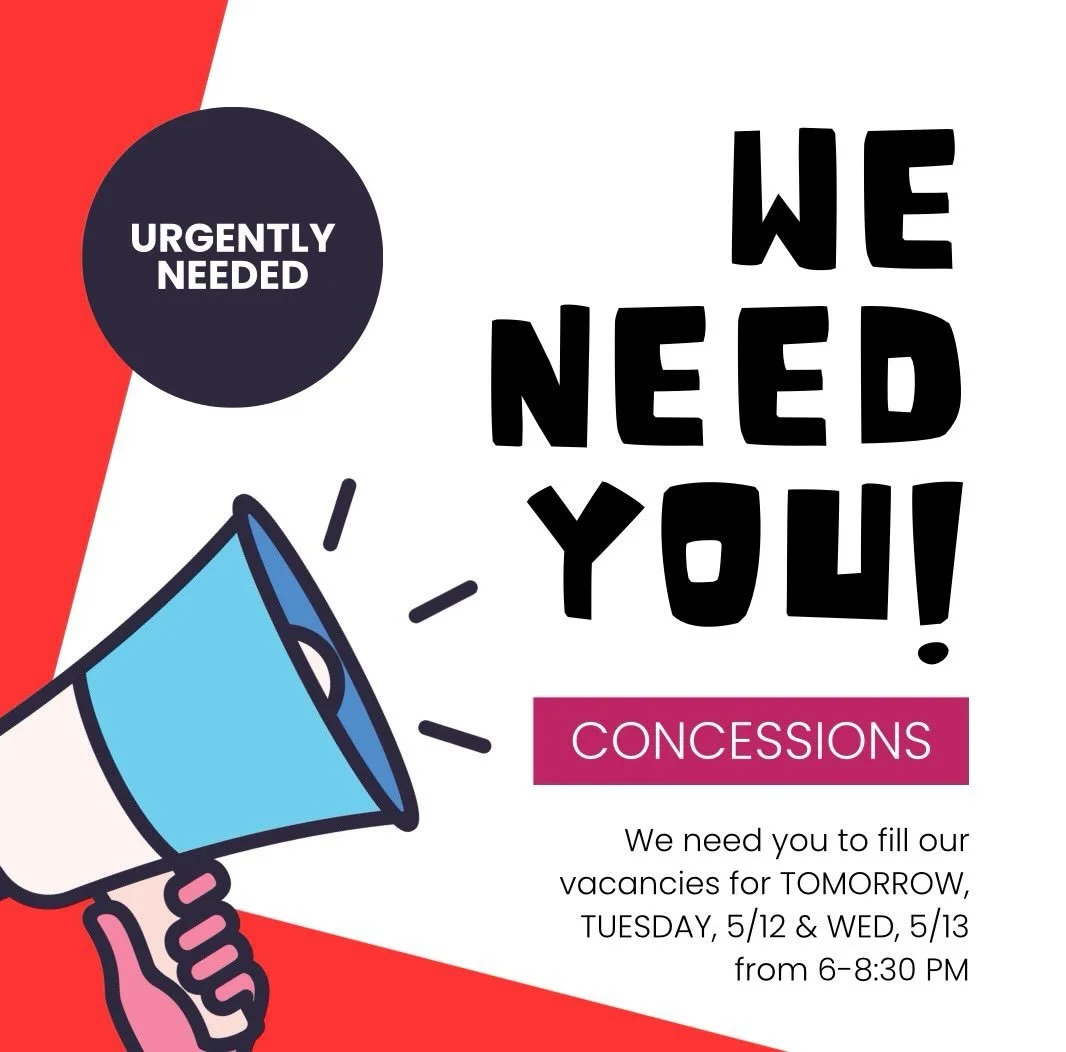 🚨 URGENTLY NEEDED 🚨

We still have open concession stand volunteer spots for tomorrow, Tuesday 5/12, and Wednesday 5/13 from 6:00&ndash;8:30 PM!

Concessions are one of the biggest ways we support our athletes, teams, and programs &mdash; but we ca