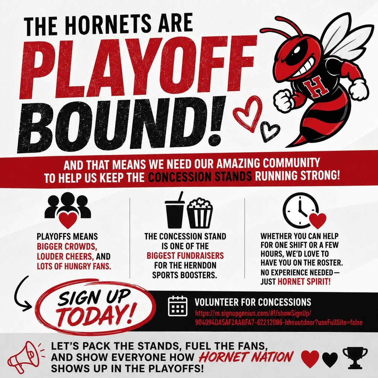 The Hornets are PLAYOFF BOUND&hellip; and that means we need our amazing community to help us keep the concession stands running strong! 🏈❤️🖤

Playoffs means bigger crowds, louder cheers, and LOTS of hungry fans. The concession stand is one of the 