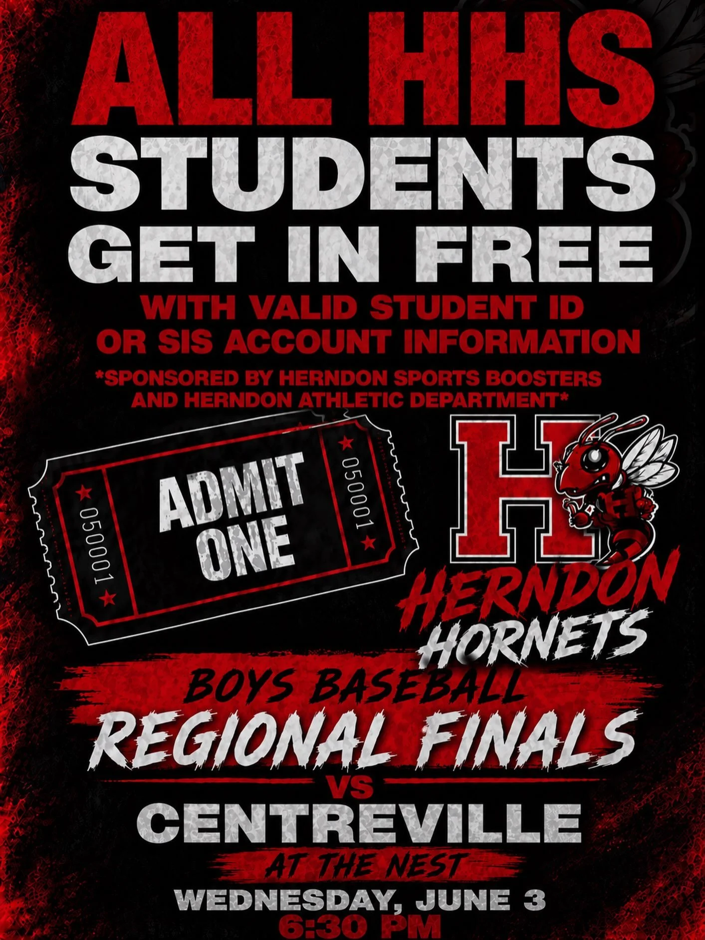 🚨 GAME DAY REMINDER! 🚨

The Herndon Hornets are just one win away from a Regional Championship, and they need the Hive behind them! 🐝⚾

📅 Tonight⏰ 6:30 PM📍 The Nest

Let&rsquo;s PACK THE NEST, wear your red and black, and bring the energy as our
