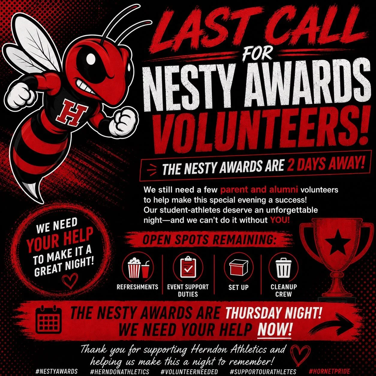 🚨 URGENT CALL FOR NESTY AWARDS VOLUNTEERS! 🚨

The Nesty Awards are just 2 days away, and we still need a few parent or alumni volunteers to help make this special evening a success!

We have several open spots remaining, primarily for:
✅ Refreshmen