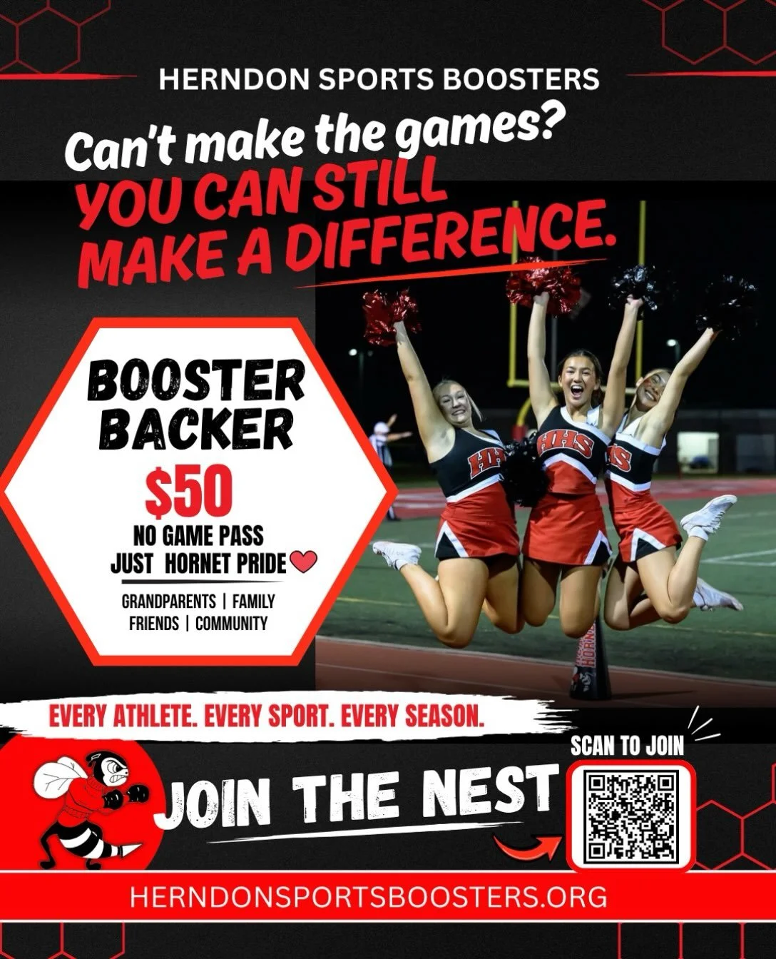 🐝 CAN&rsquo;T MAKE THE GAMES? YOU CAN STILL MAKE A DIFFERENCE! ❤️🖤

You don&rsquo;t have to be in the stands to support our Hornets!

Our $50 Booster Backer Membership is perfect for grandparents, family, friends and community supporters who want t