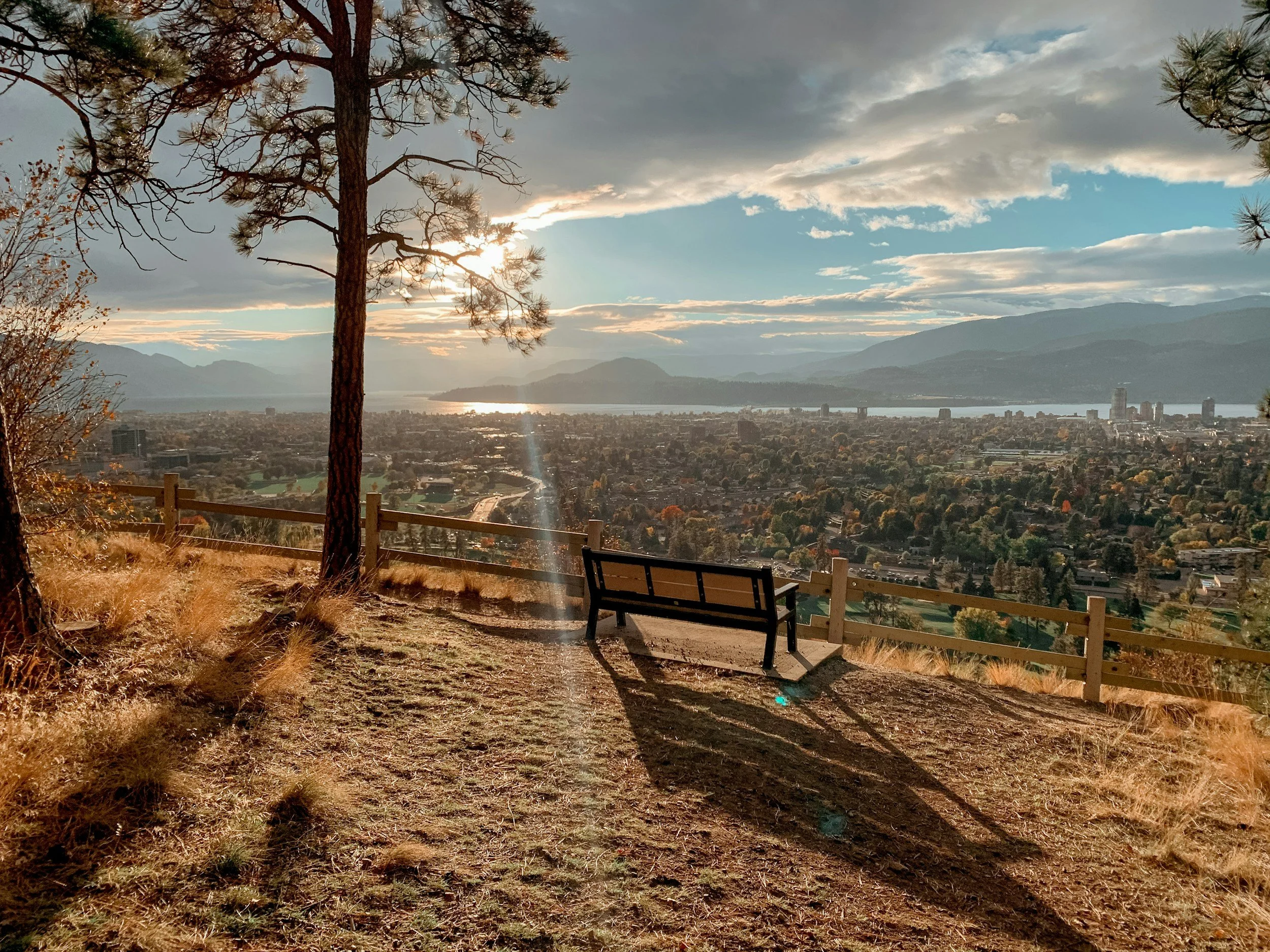 A scenic overlook with a wooden bench, tall trees, and a cityscape with mountains in the background. The sun is setting over Okanagan Lake, casting long shadows and a warm glow.