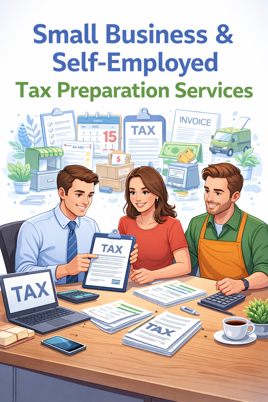 Three people at a table with tax documents, a laptop, and a smartphone, discussing small business and self-employed tax preparation services.