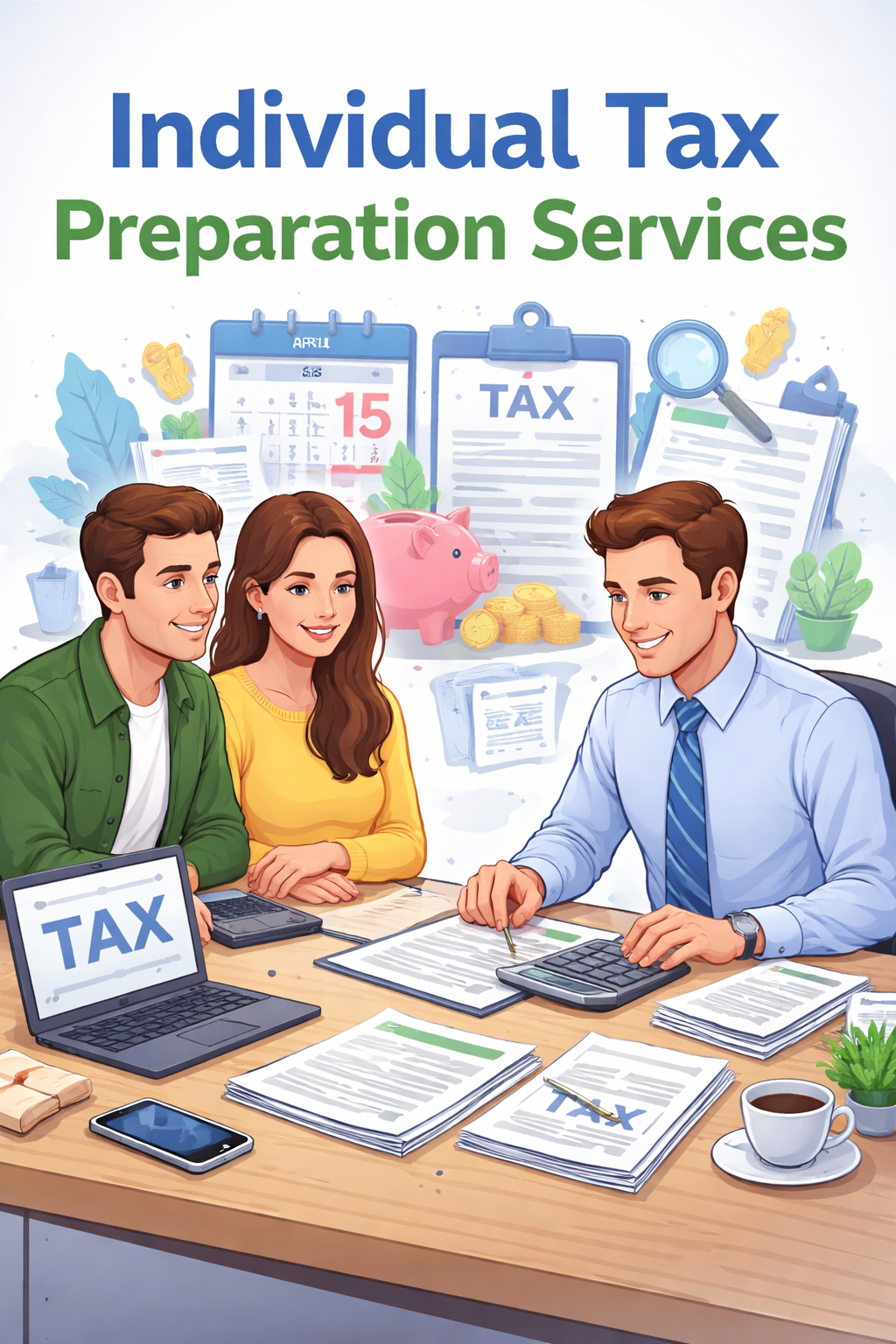 Illustration of a man and two women discussing taxes at a desk with laptops, papers, calculator, and a coffee mug, with tax documents, calendar, piggy bank, and financial papers in the background.