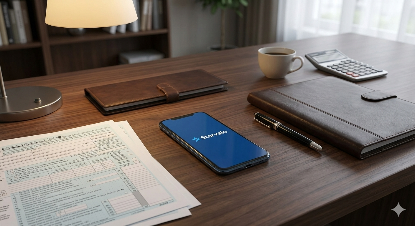 Wooden desk with a laptop displaying the Starvalor logo, a smartphone, a cup of coffee, a black pen, some organized papers, a leather planner, and a calculator in front of a window with curtains.