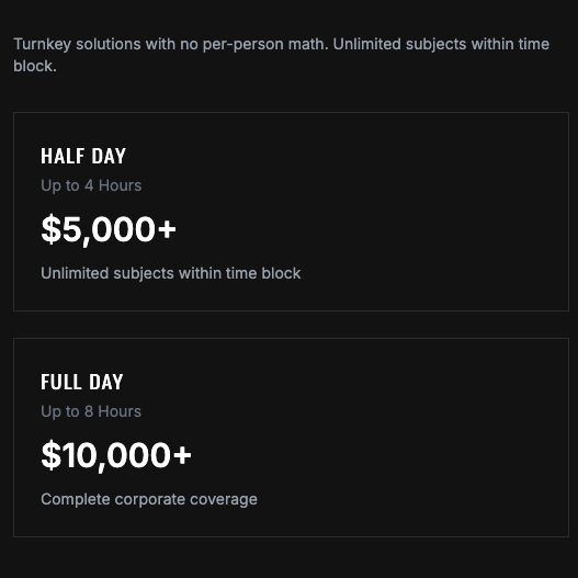 Pricing options for corporate coverage, with half-day plan offering up to 4 hours for over $5,000 and full-day plan for up to 8 hours for over $10,000.