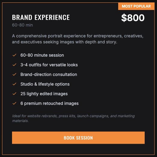Pricing and details for a brand experience photography session priced at $800, lasting 60 to 80 minutes, including outfit changes, multiple images, and editing options.