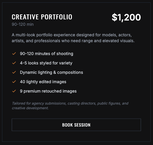Marketing graphic advertising a creative portfolio service priced at $1,200, with details about shooting duration, styling options, photo editing, and tailored for agency use; includes a 'Book Session' button.